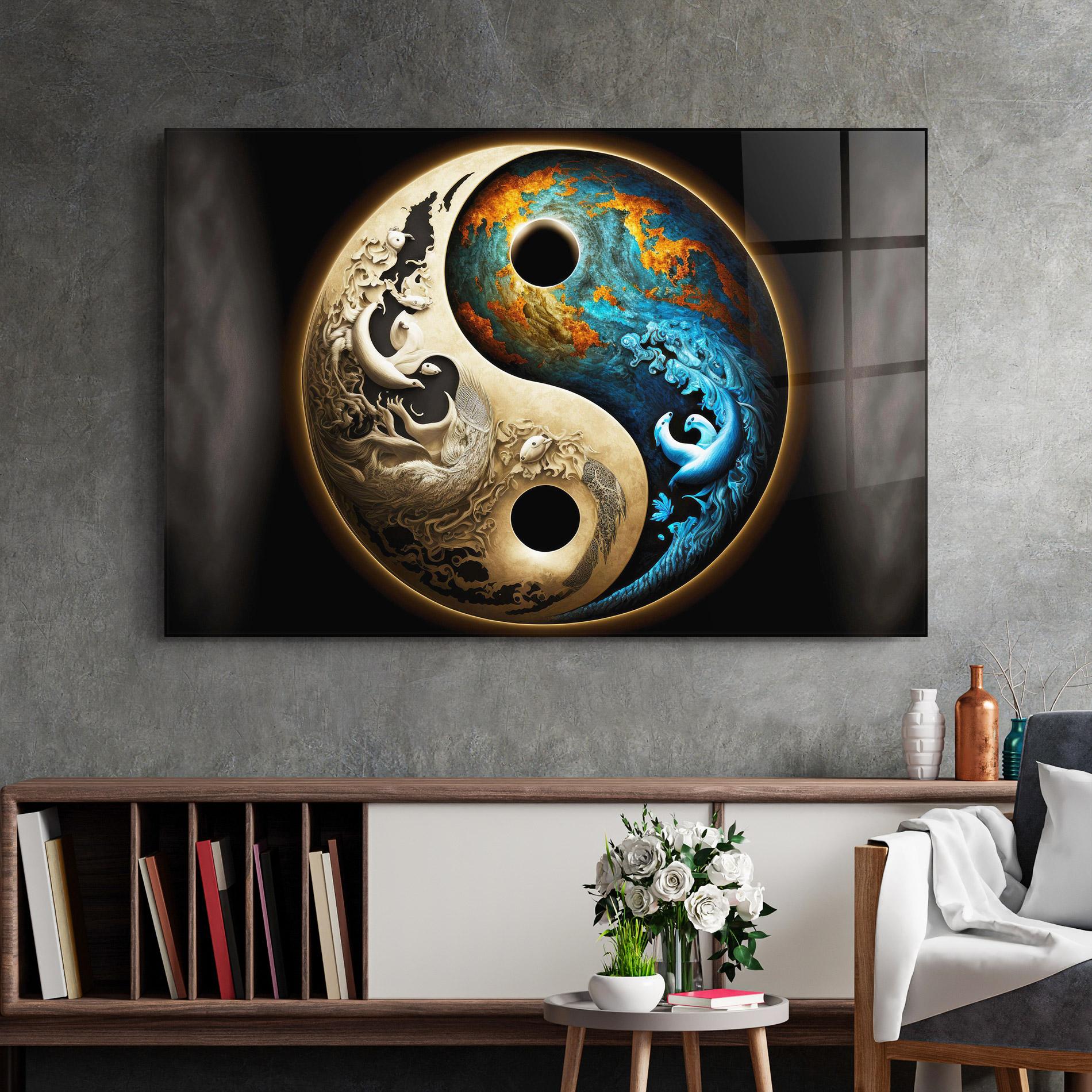 Tablou Sticla Cream Blue Yinyang mockup 2