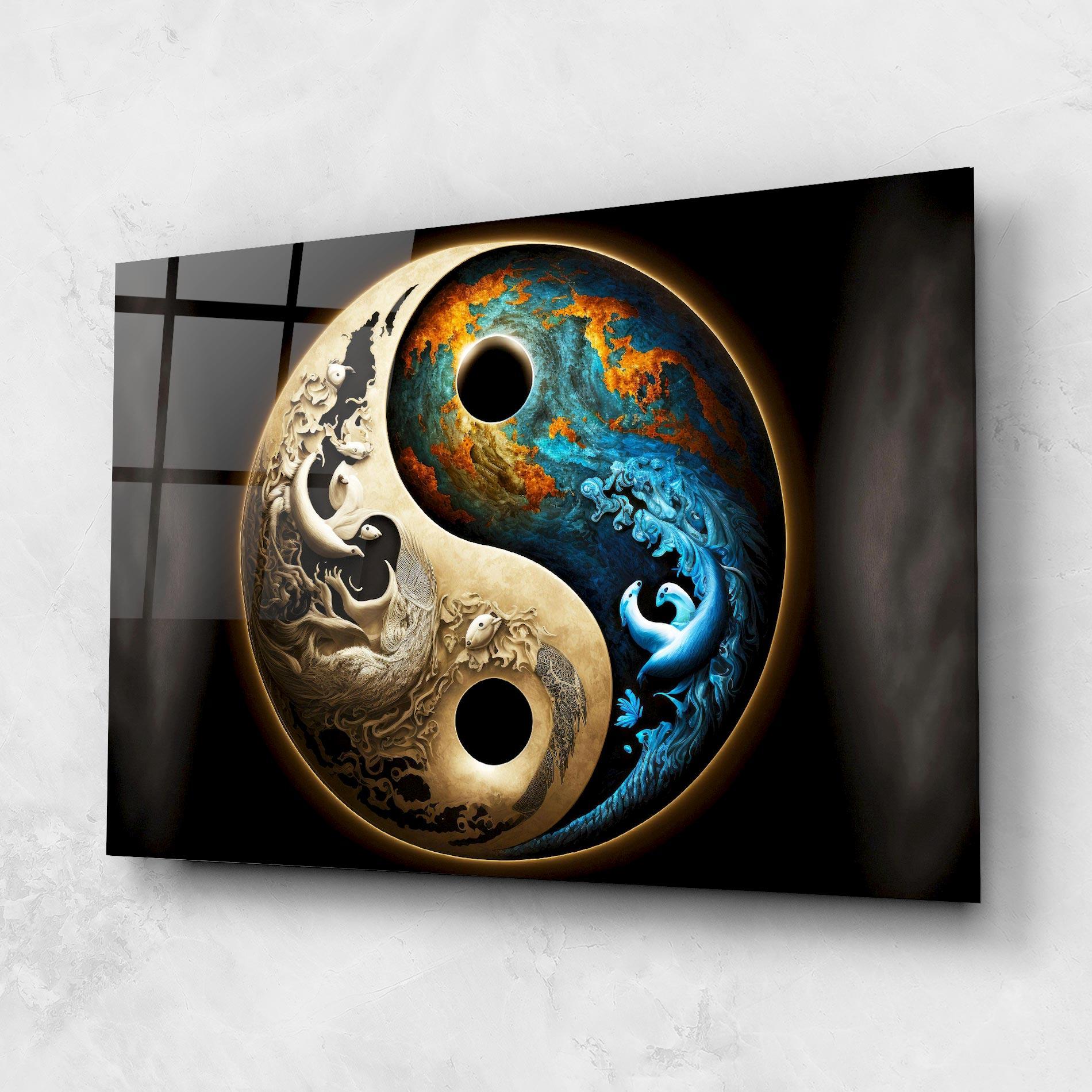 Tablou Sticla Cream Blue Yinyang mockup 1