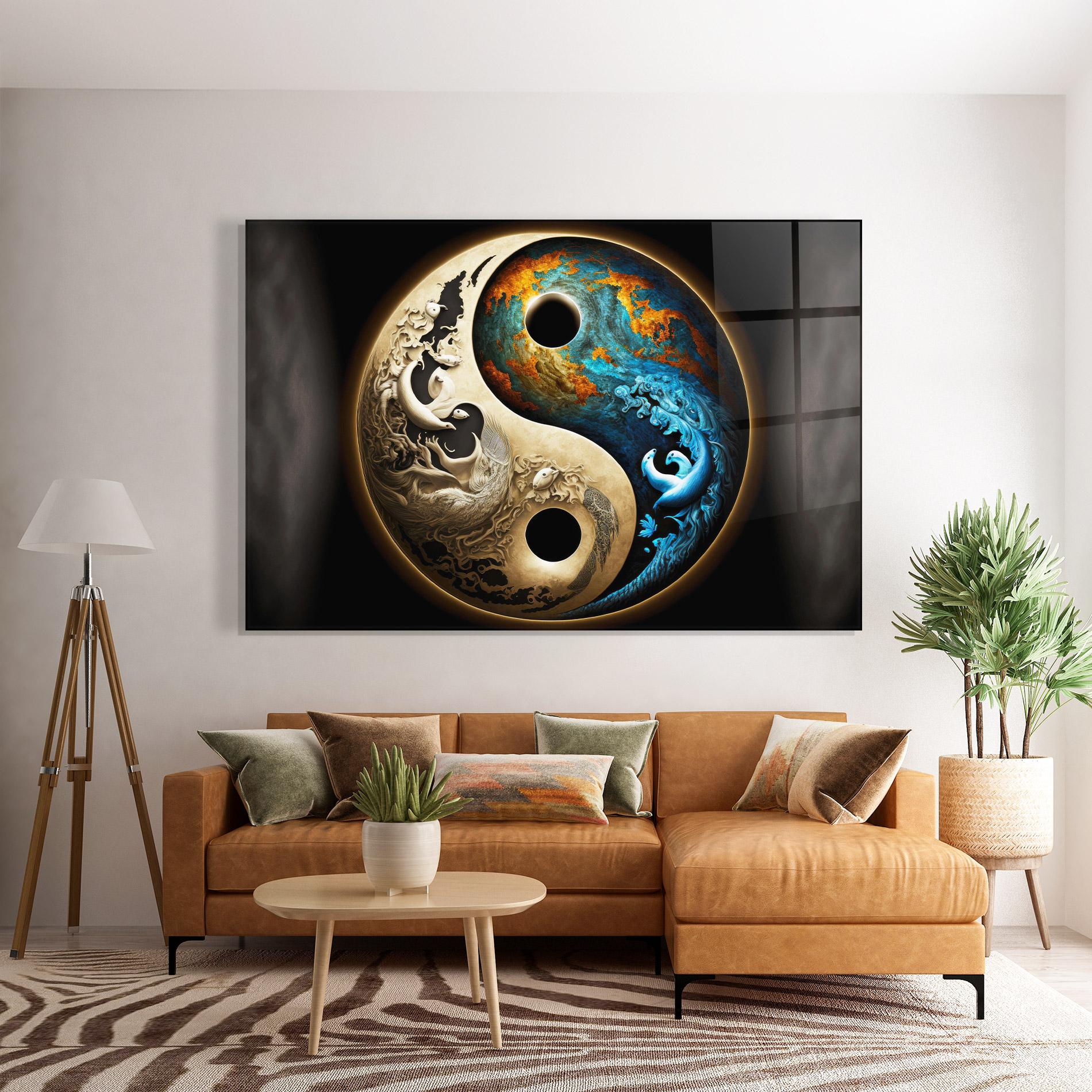 Tablou Sticla Cream Blue Yinyang mockup 7