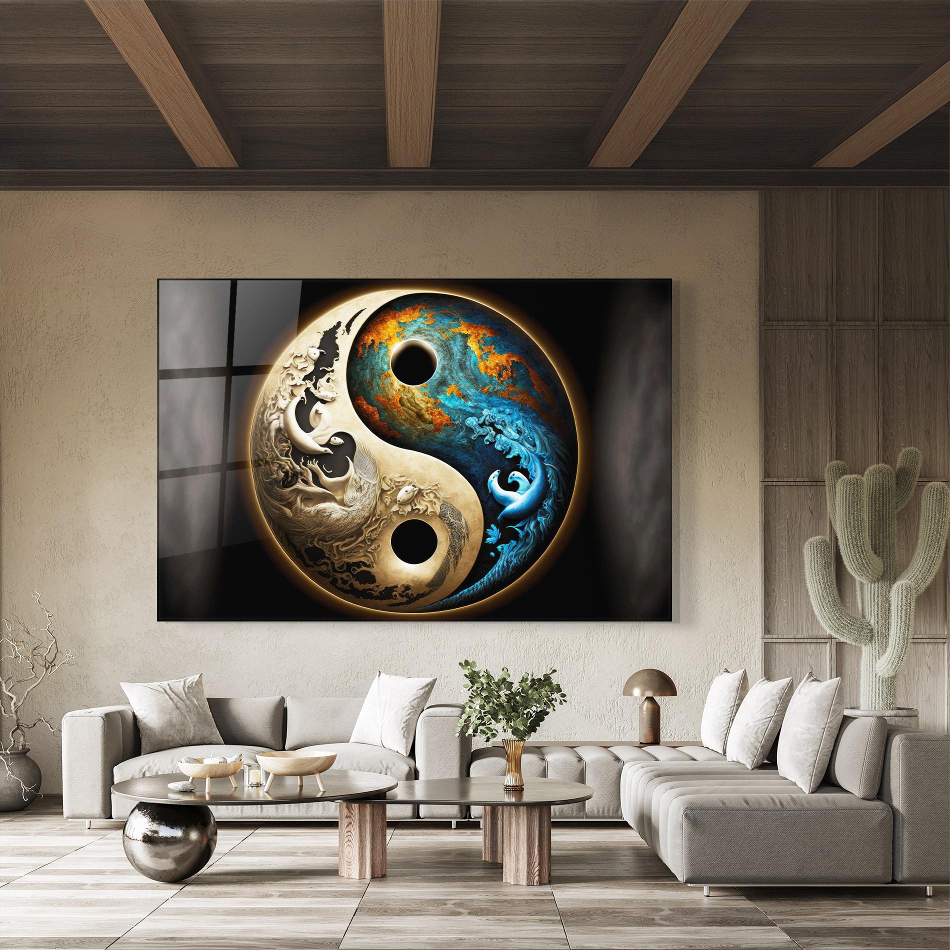 Tablou Sticla Cream Blue Yinyang mockup 8