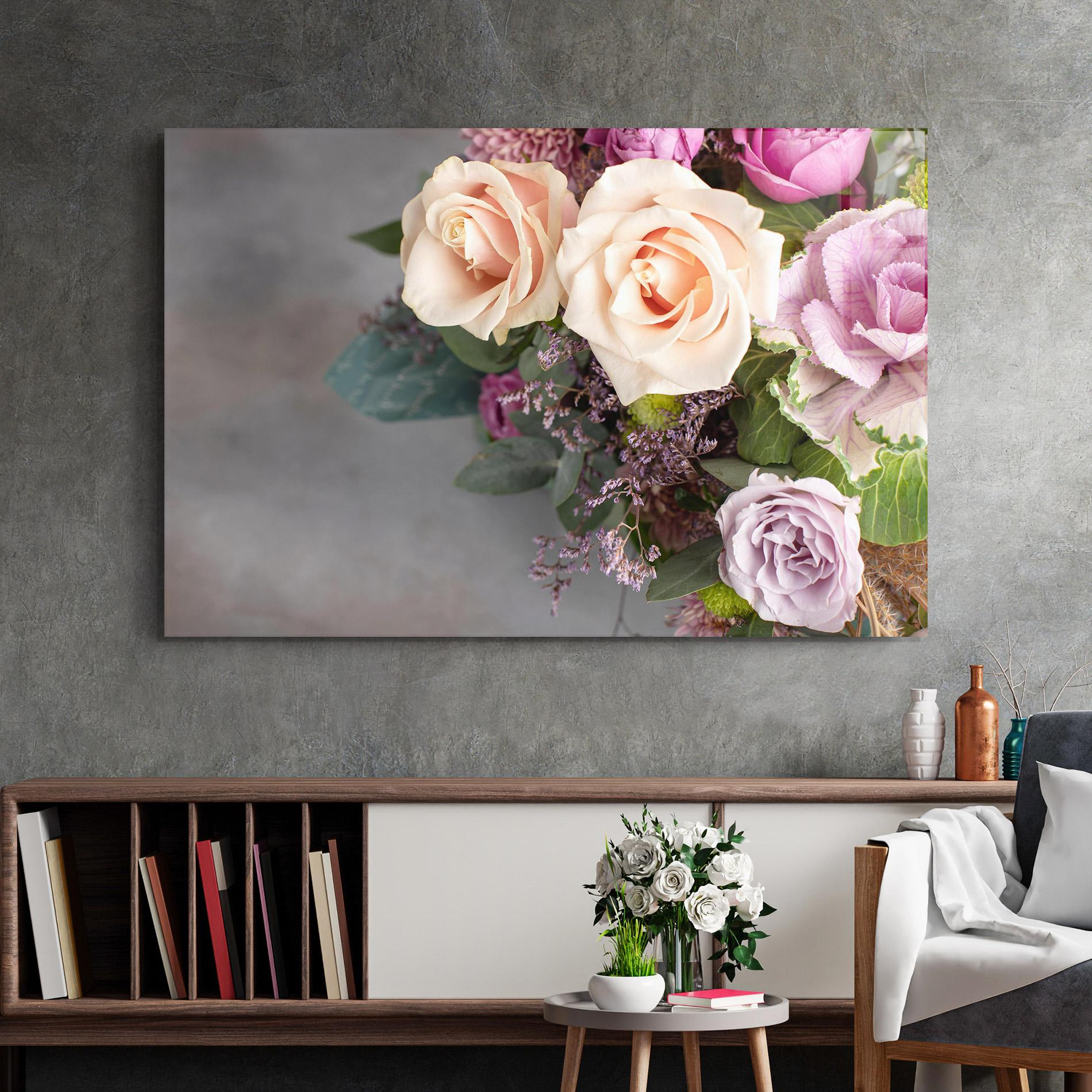 Tablou Sticla Cream Purple Bouquet mockup 2