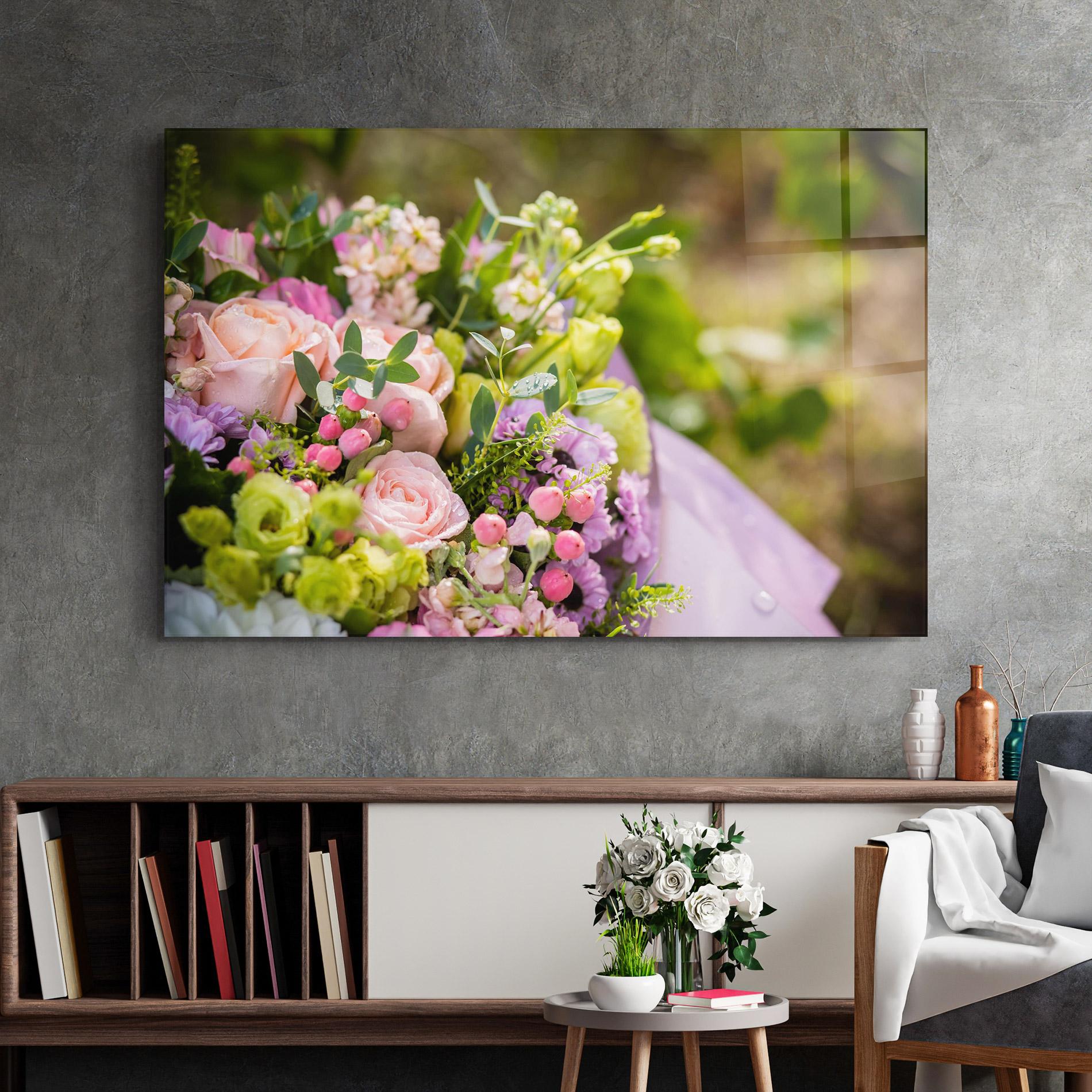 Tablou Sticla Green Pink Bouquet mockup 2