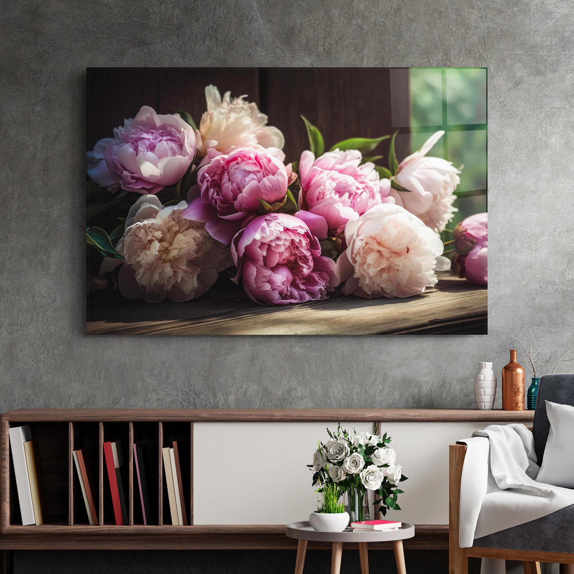 Tablou Sticla Peonies On The Table mockup 2
