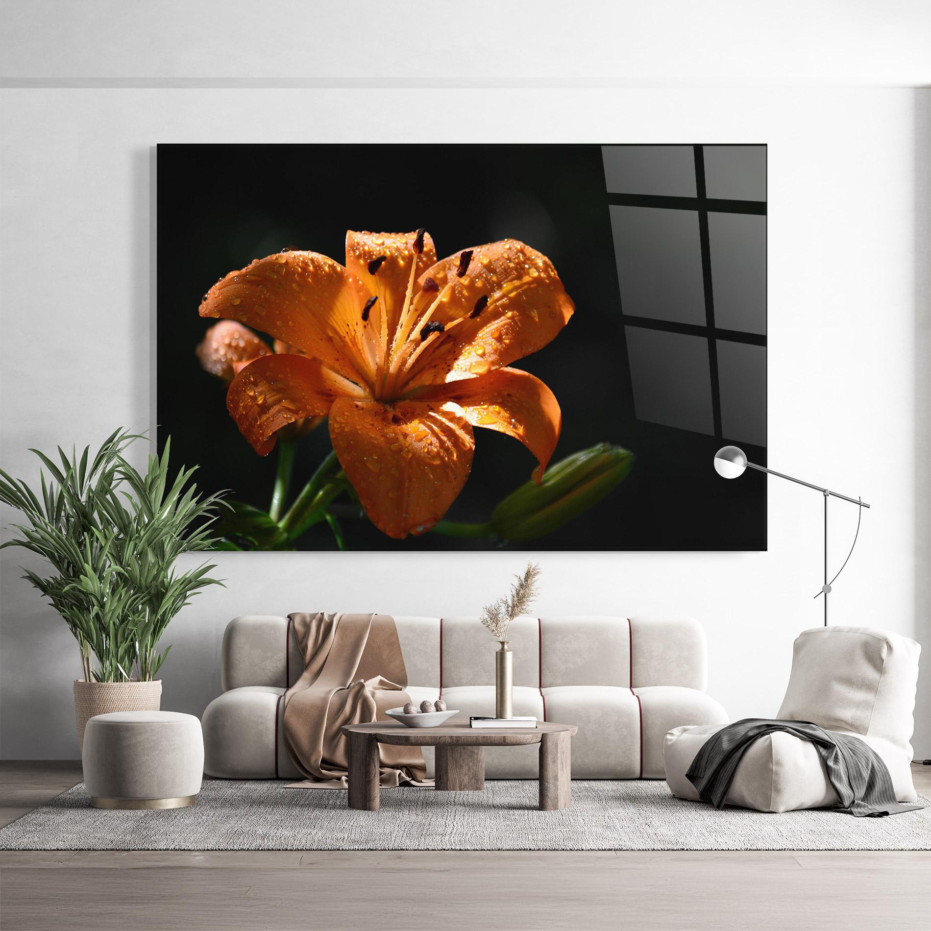 Tablou Sticla Open Orange Lily On Black mockup 9