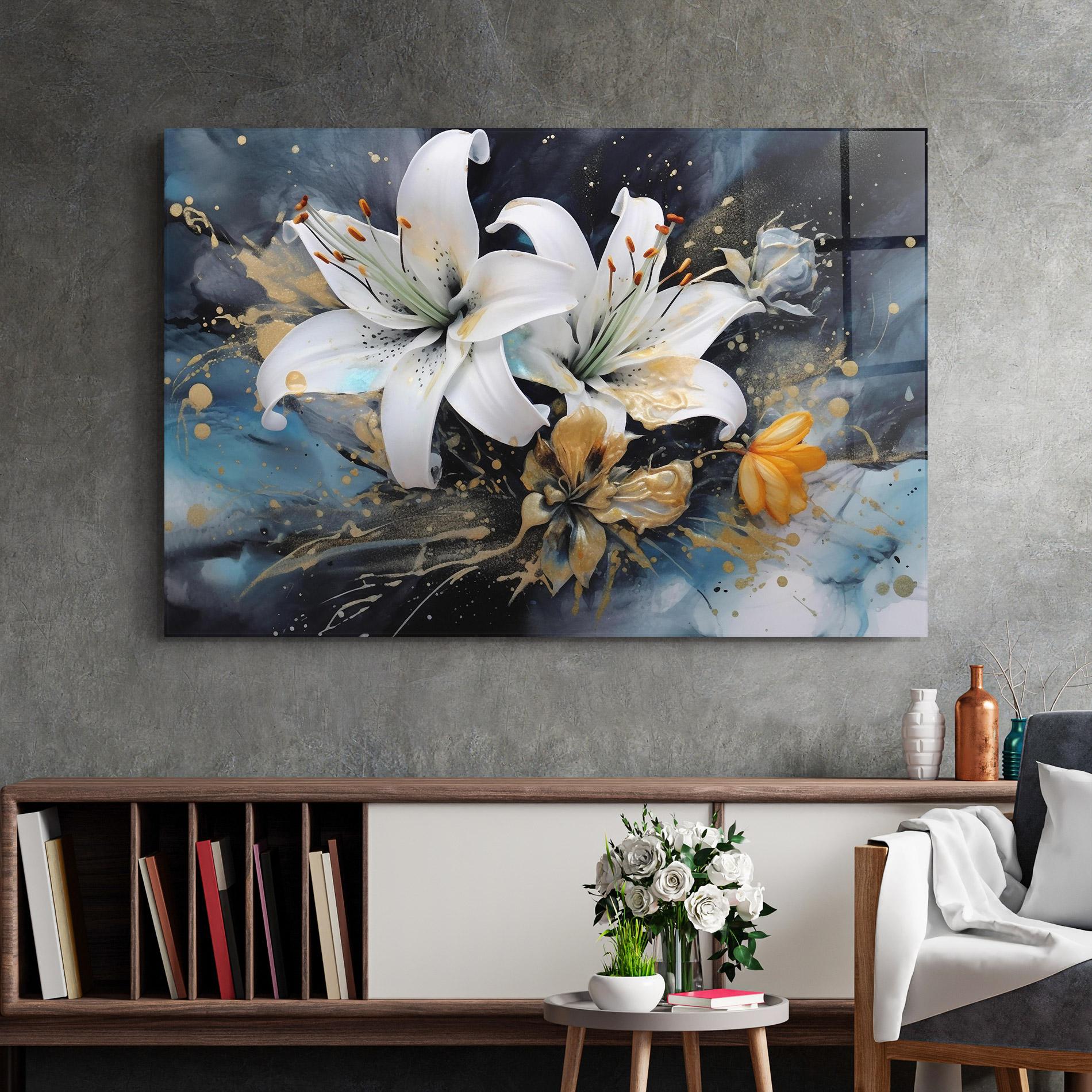 Tablou Sticla Lily On Blue Painting mockup 2