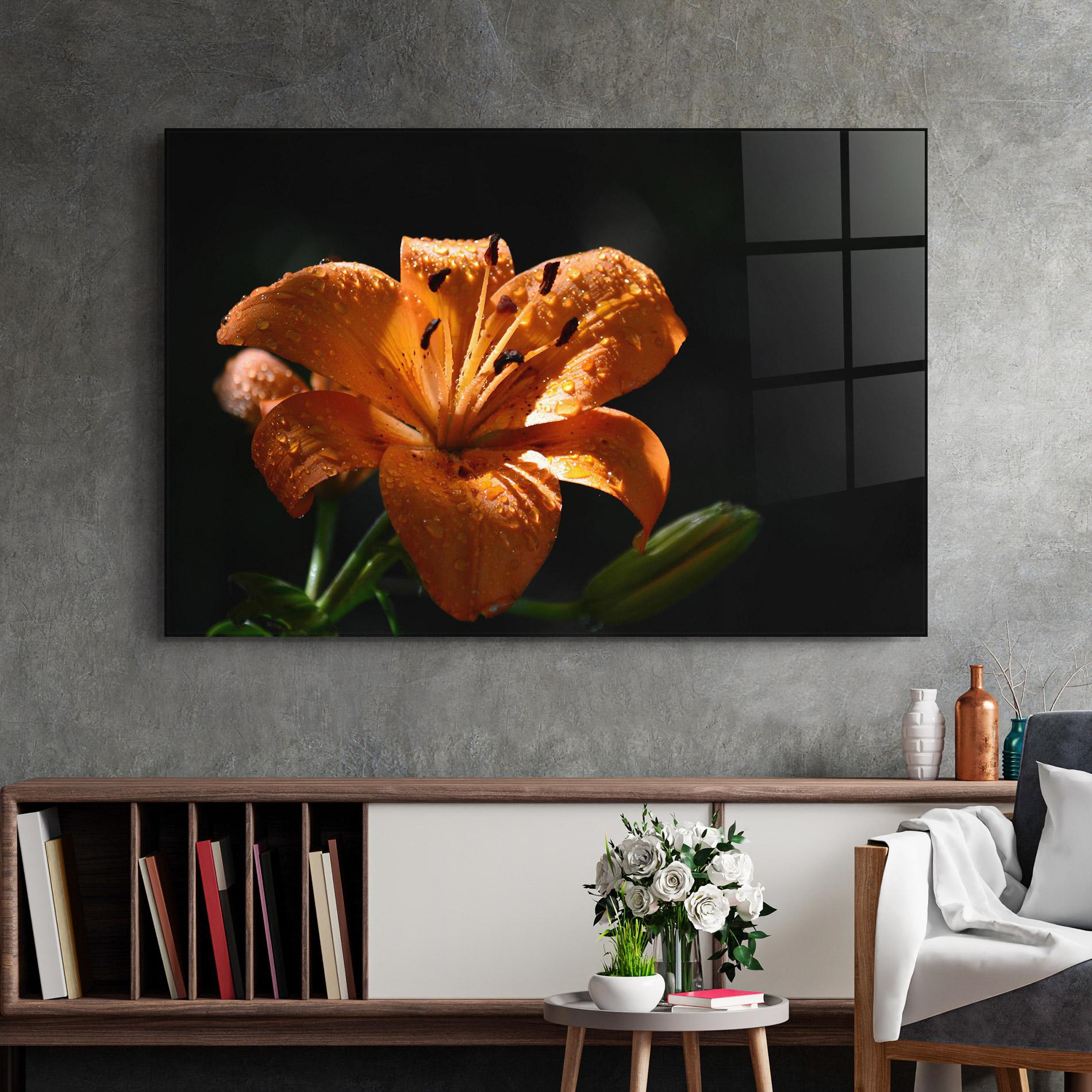 Tablou Sticla Open Orange Lily On Black mockup 2