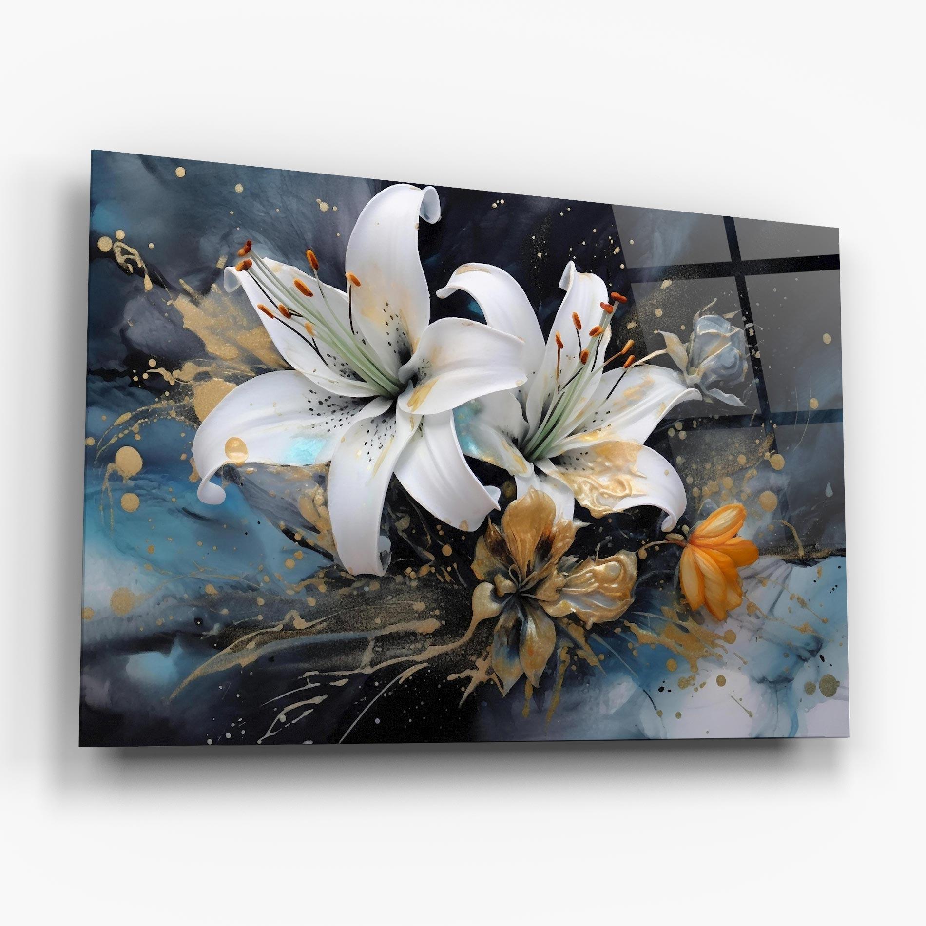 Tablou Sticla Lily On Blue Painting mockup 6