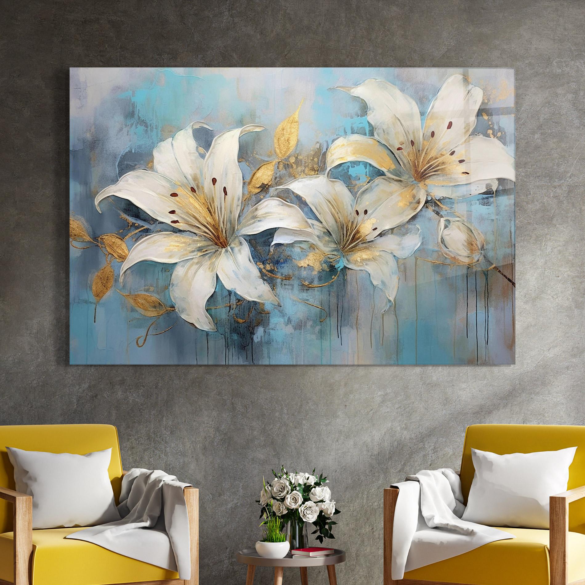 Tablou Sticla Lily With Gold Painting mockup 4