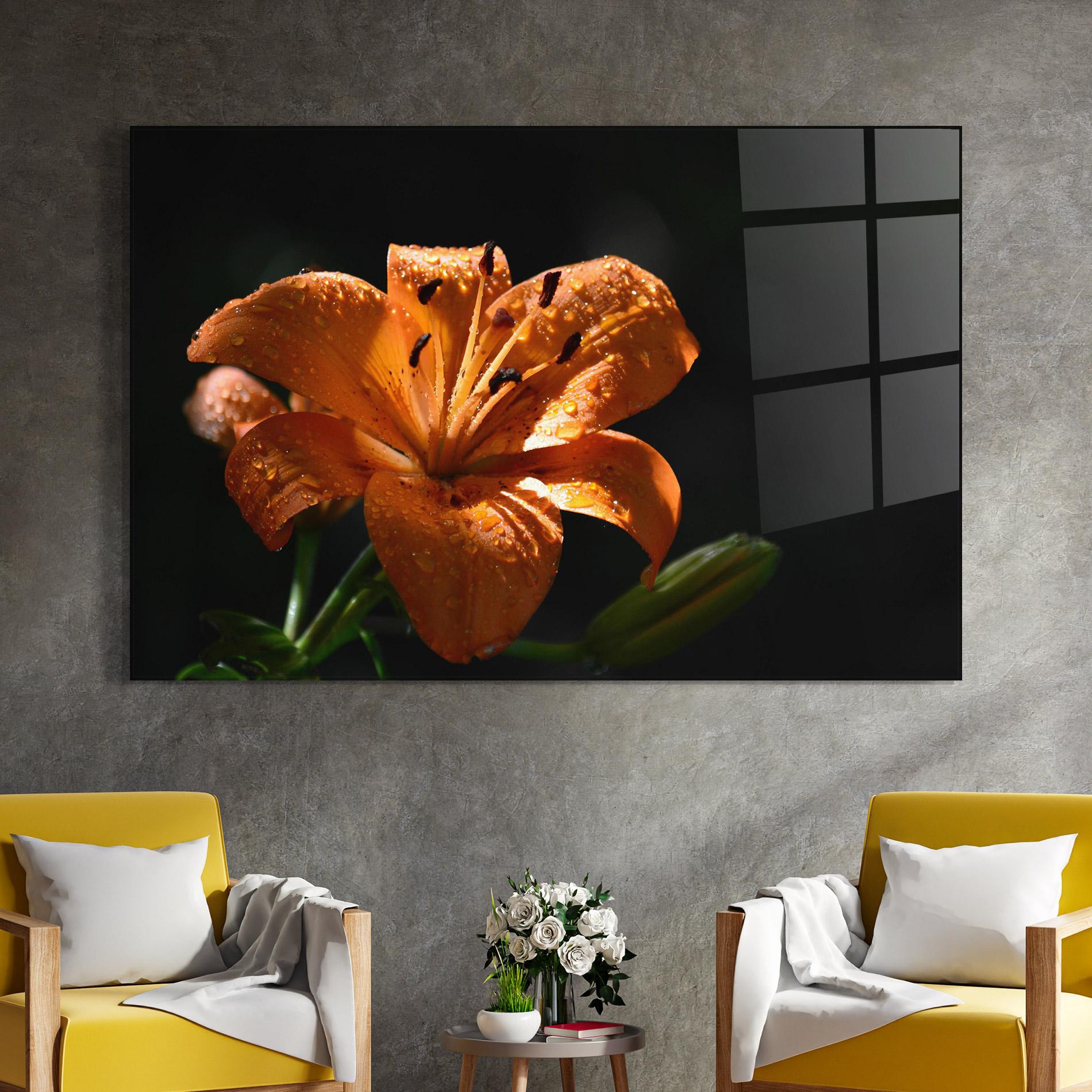 Tablou Sticla Open Orange Lily On Black mockup 4