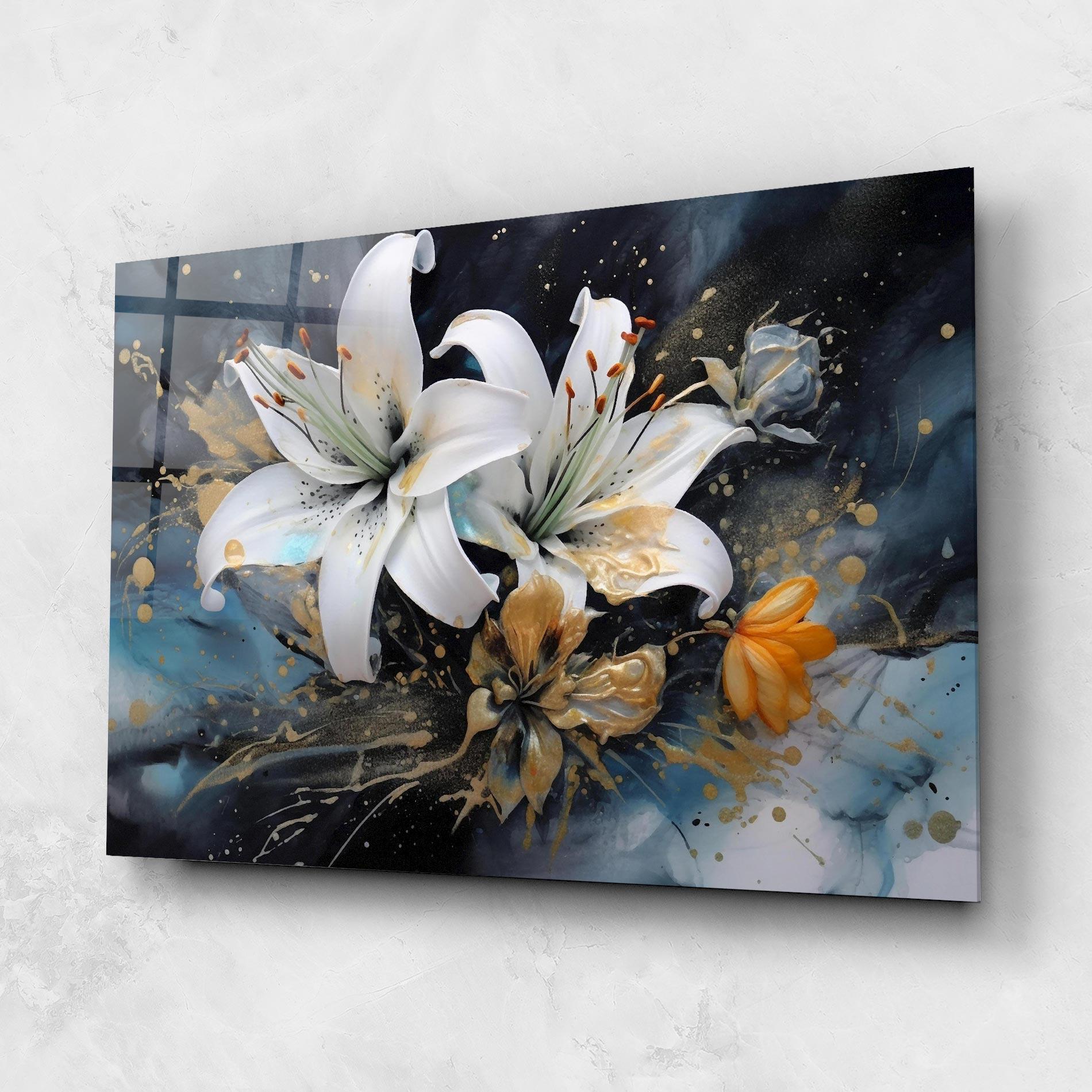 Tablou Sticla Lily On Blue Painting mockup 1