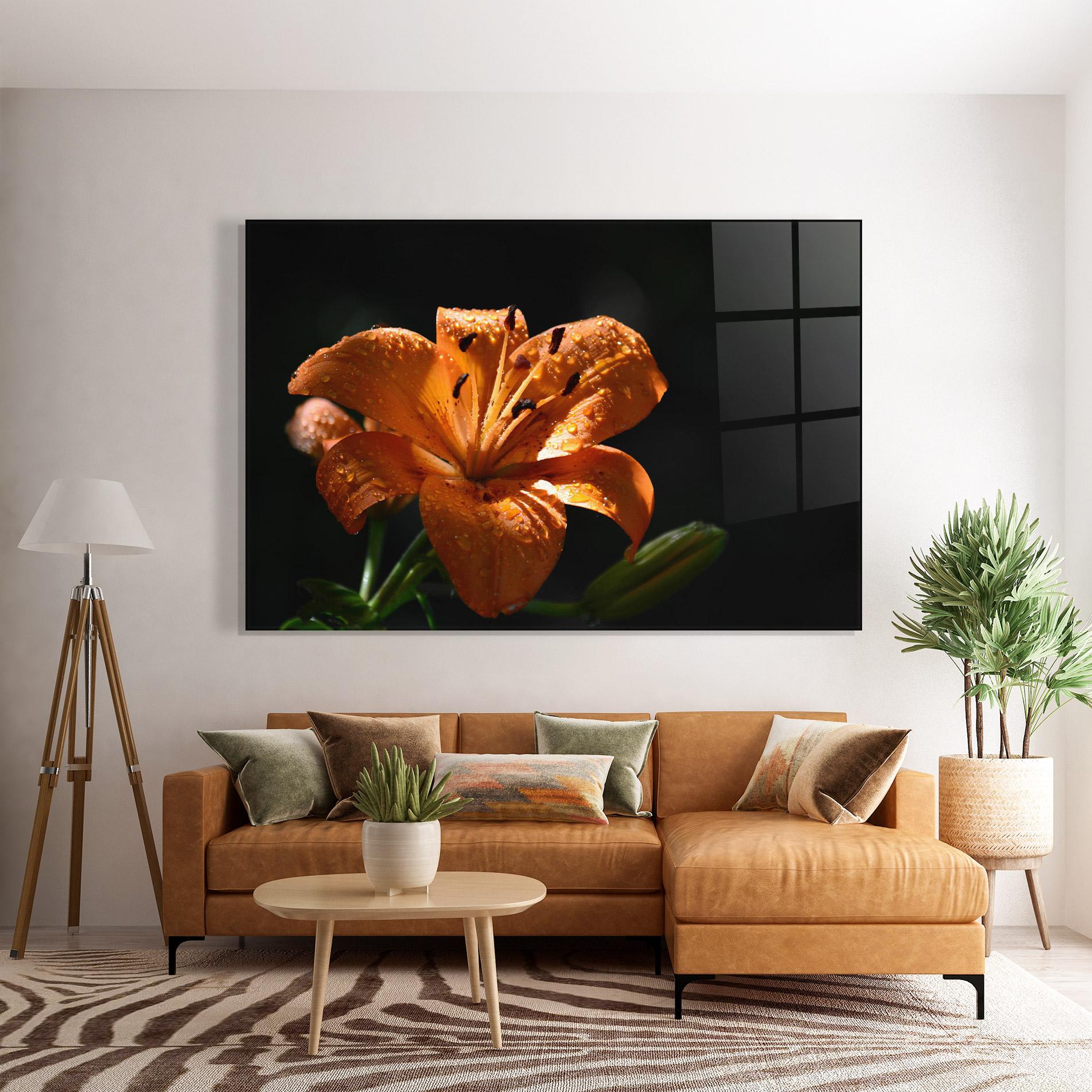 Tablou Sticla Open Orange Lily On Black mockup 7