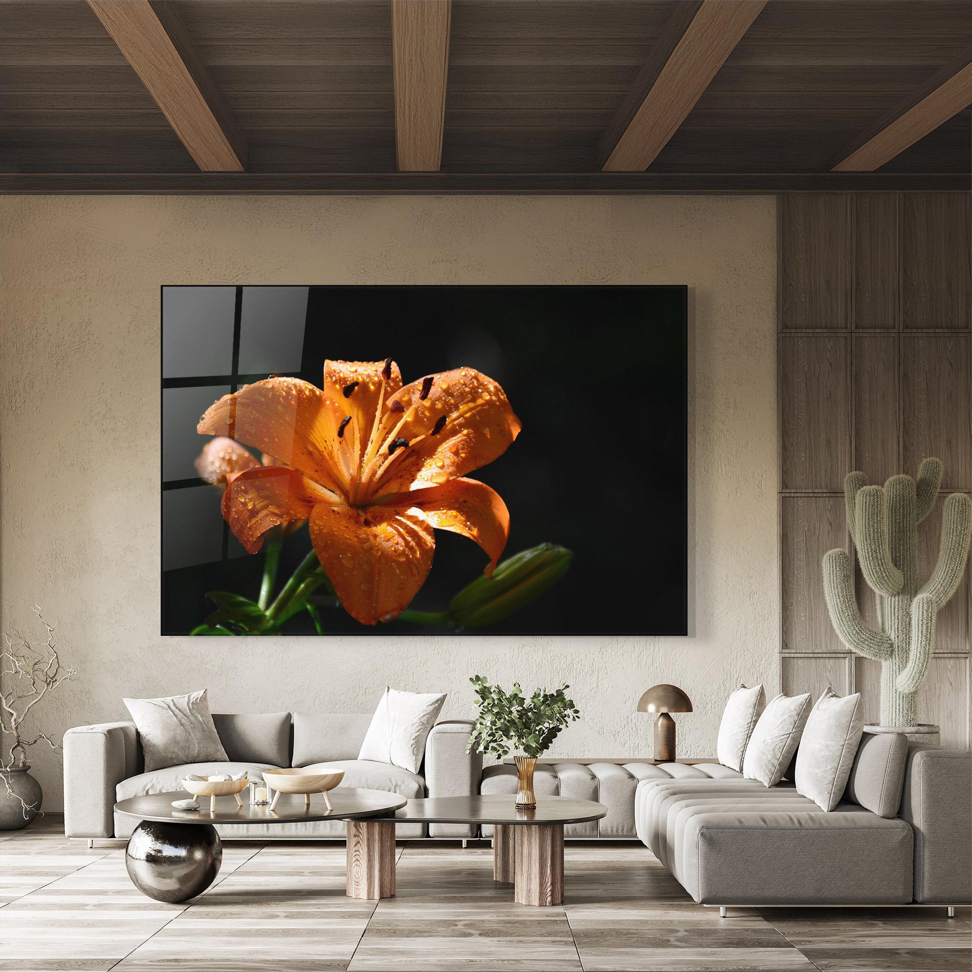 Tablou Sticla Open Orange Lily On Black mockup 8