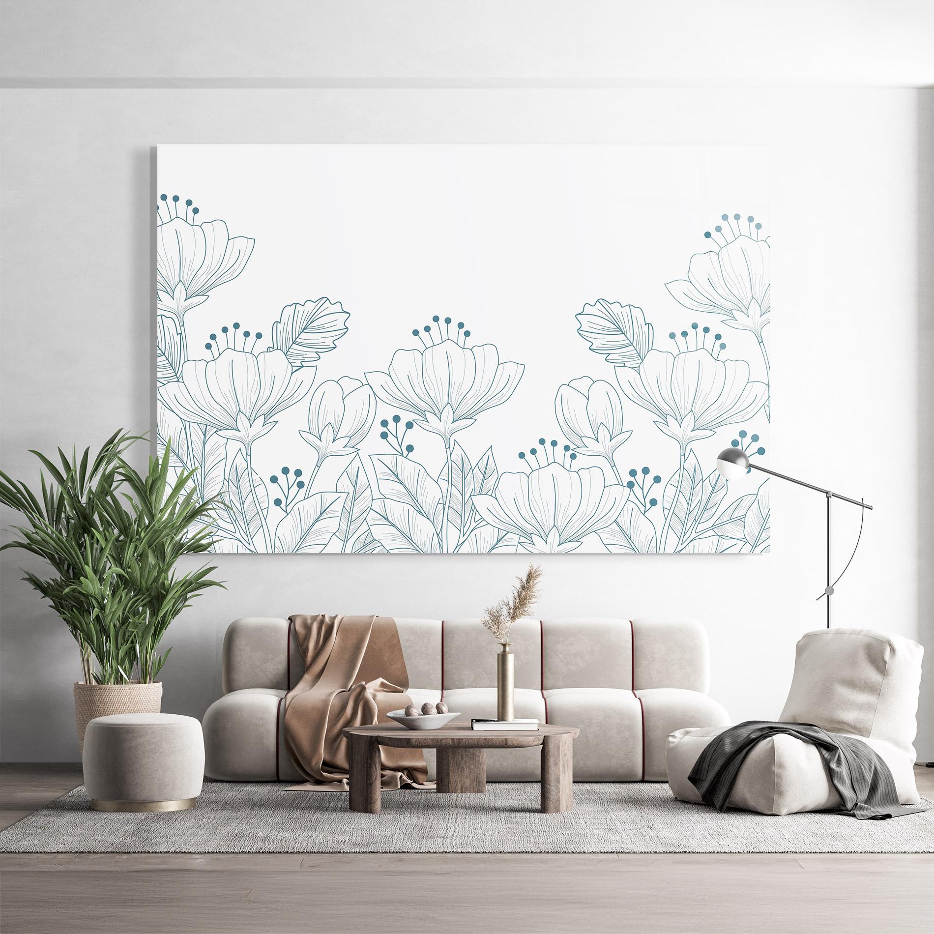 Tablou Sticla Blue Line Flowers mockup 9