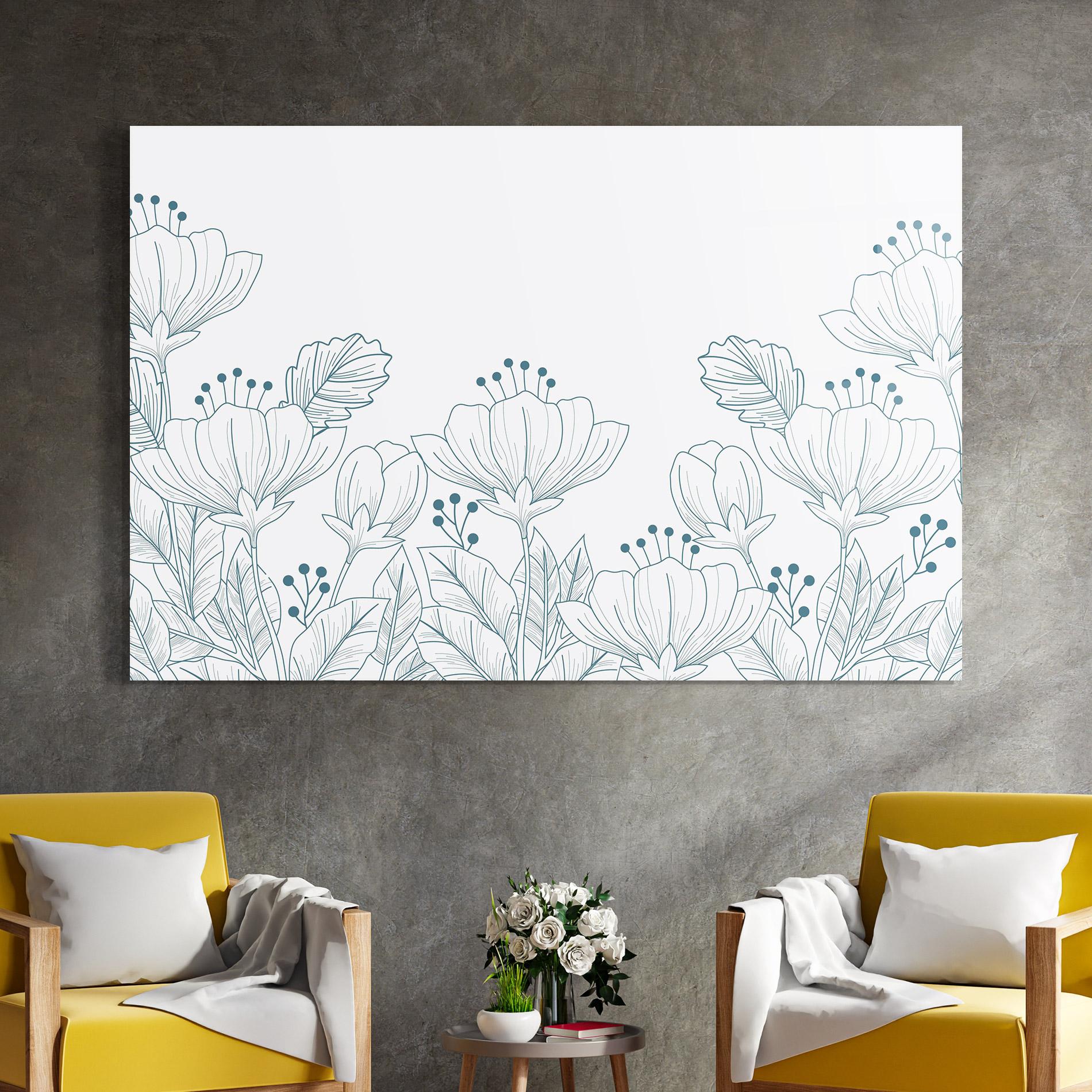 Tablou Sticla Blue Line Flowers mockup 4
