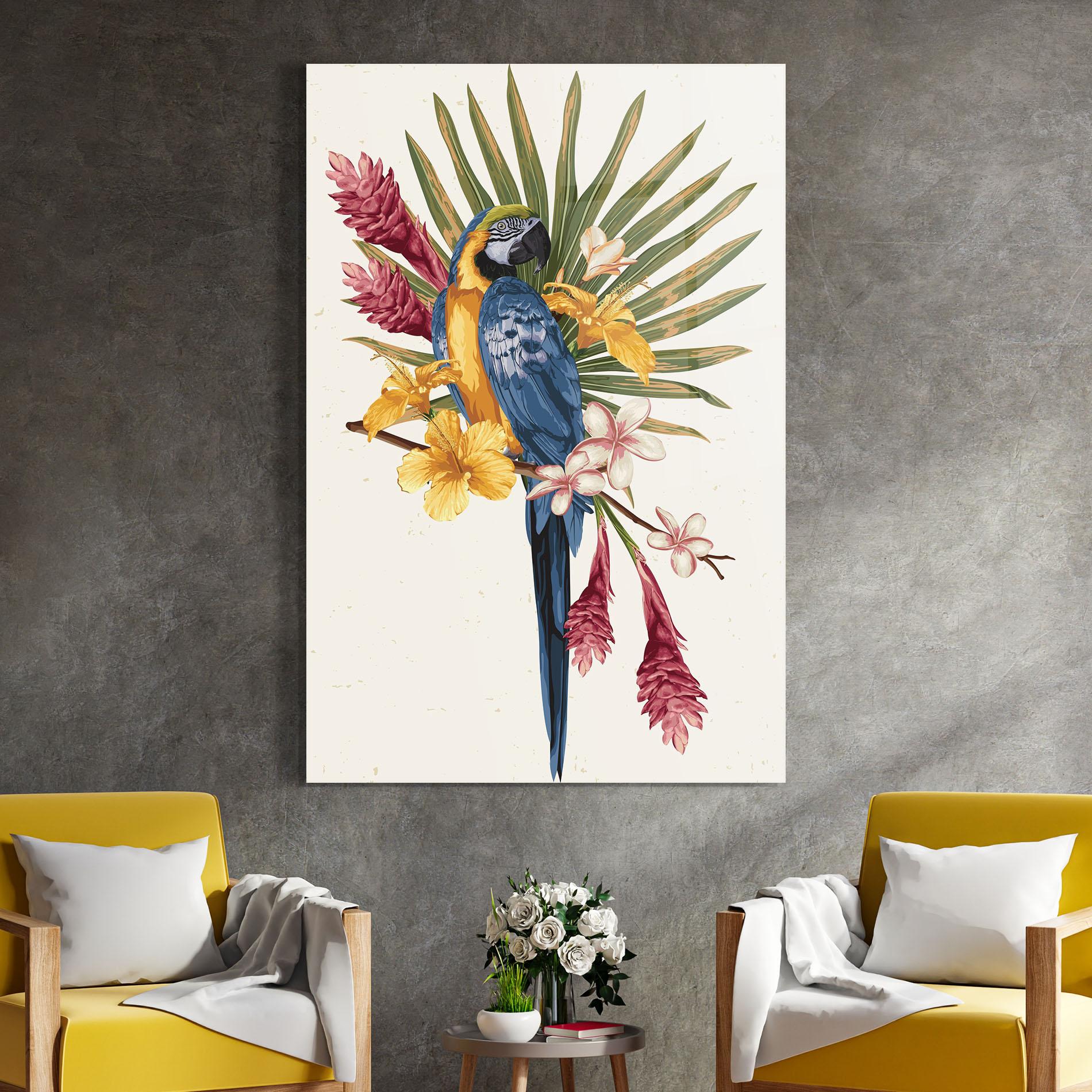 Tablou Sticla Exotic Bird Flower mockup 4