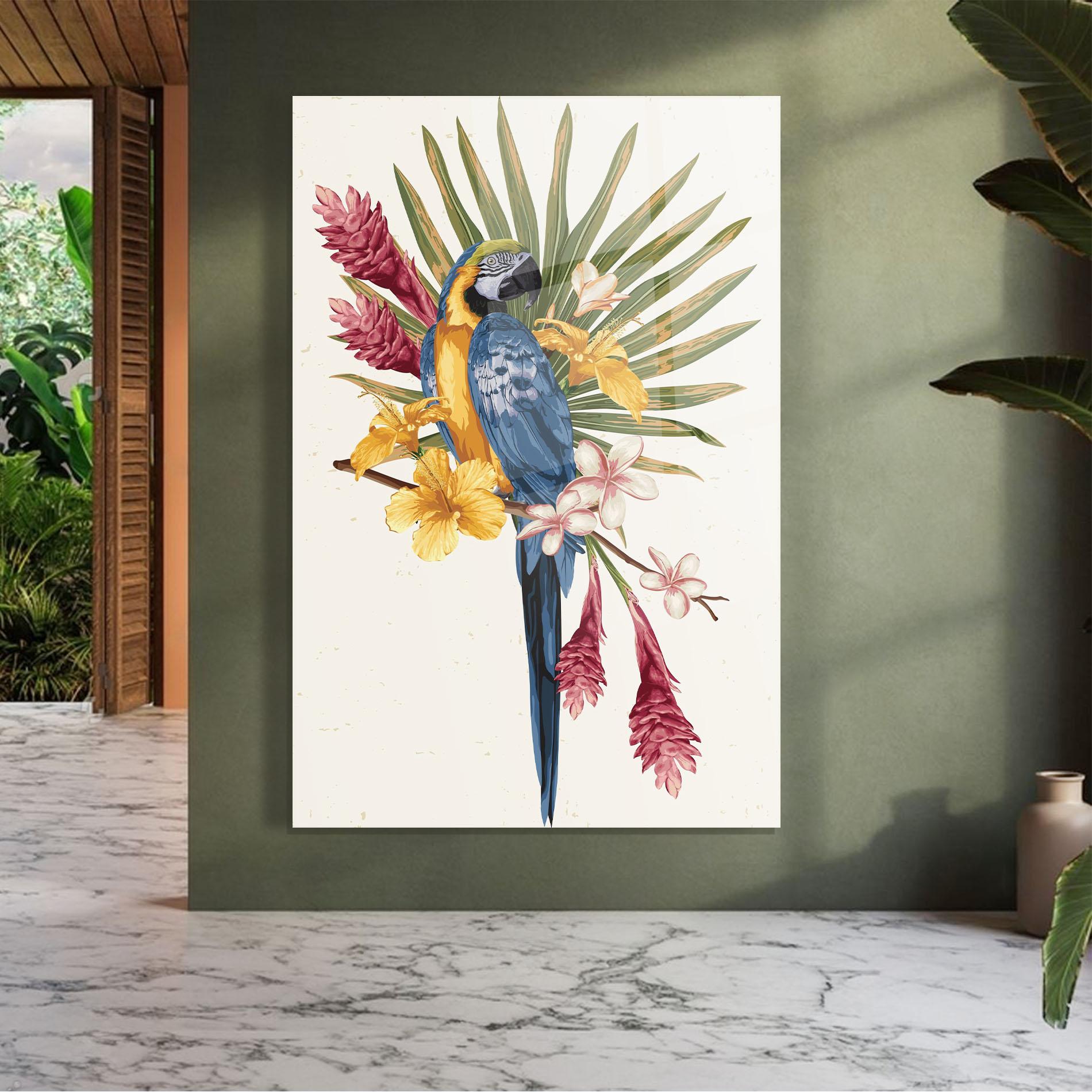 Tablou Sticla Exotic Bird Flower mockup 7