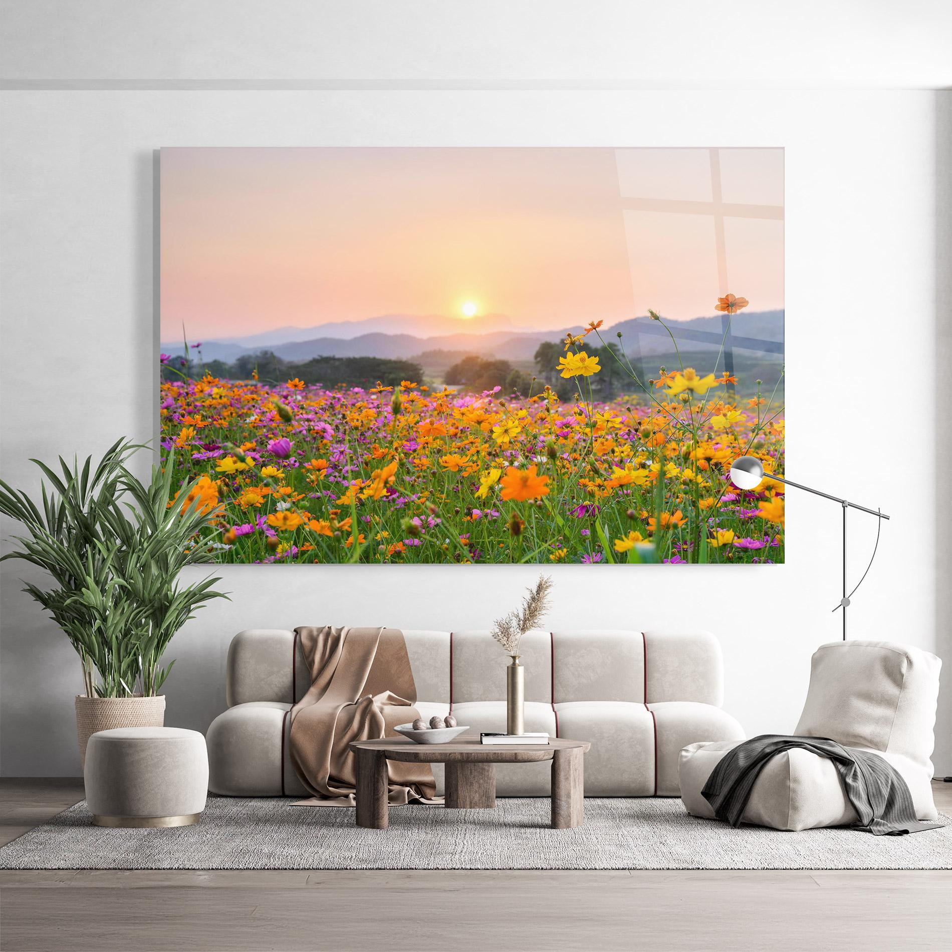 Tablou Sticla Sunset Mountain Flowerf mockup 9