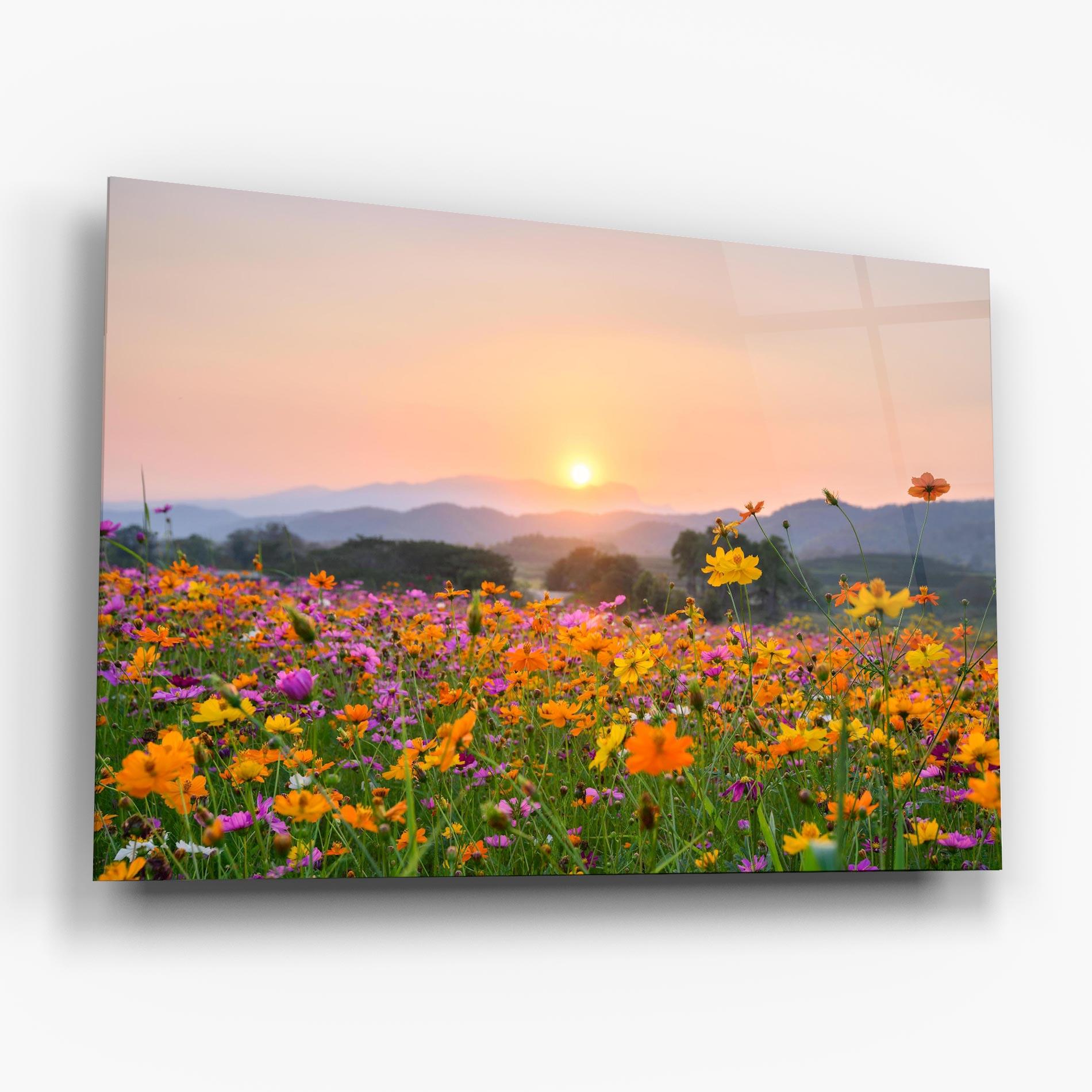 Tablou Sticla Sunset Mountain Flowerf mockup 6