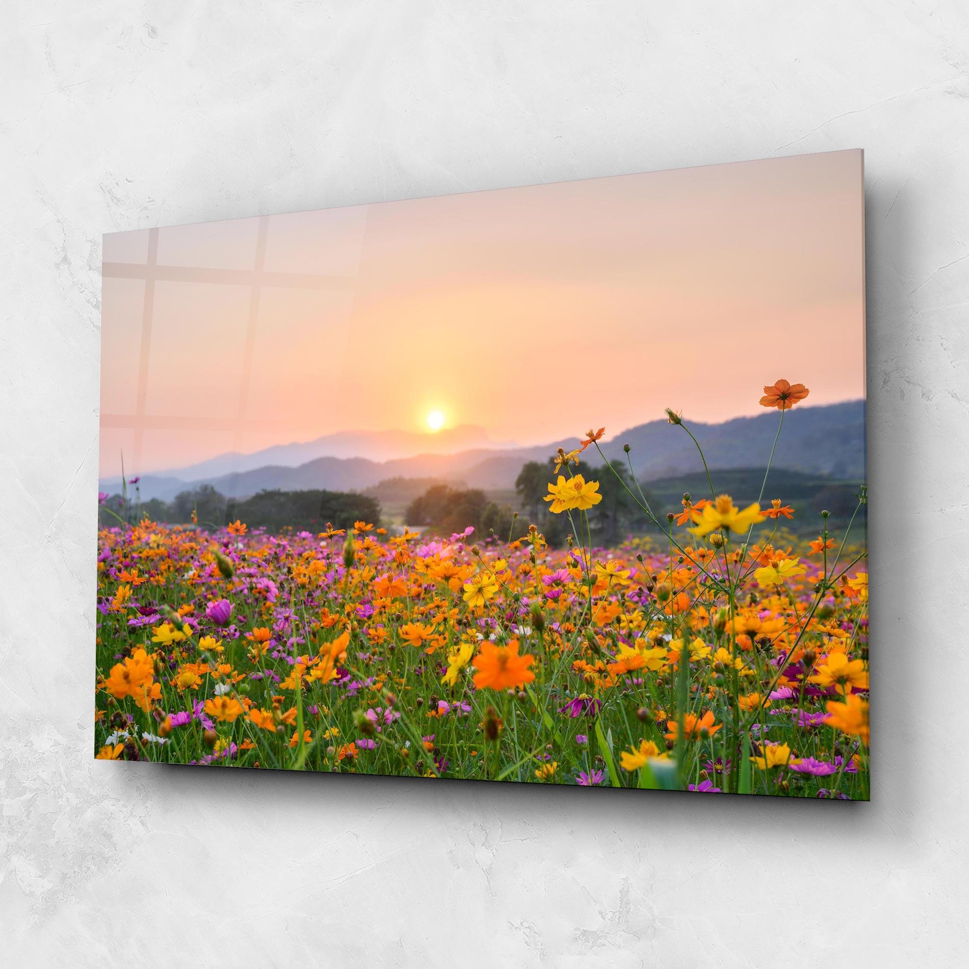 Tablou Sticla Sunset Mountain Flowerf mockup 1