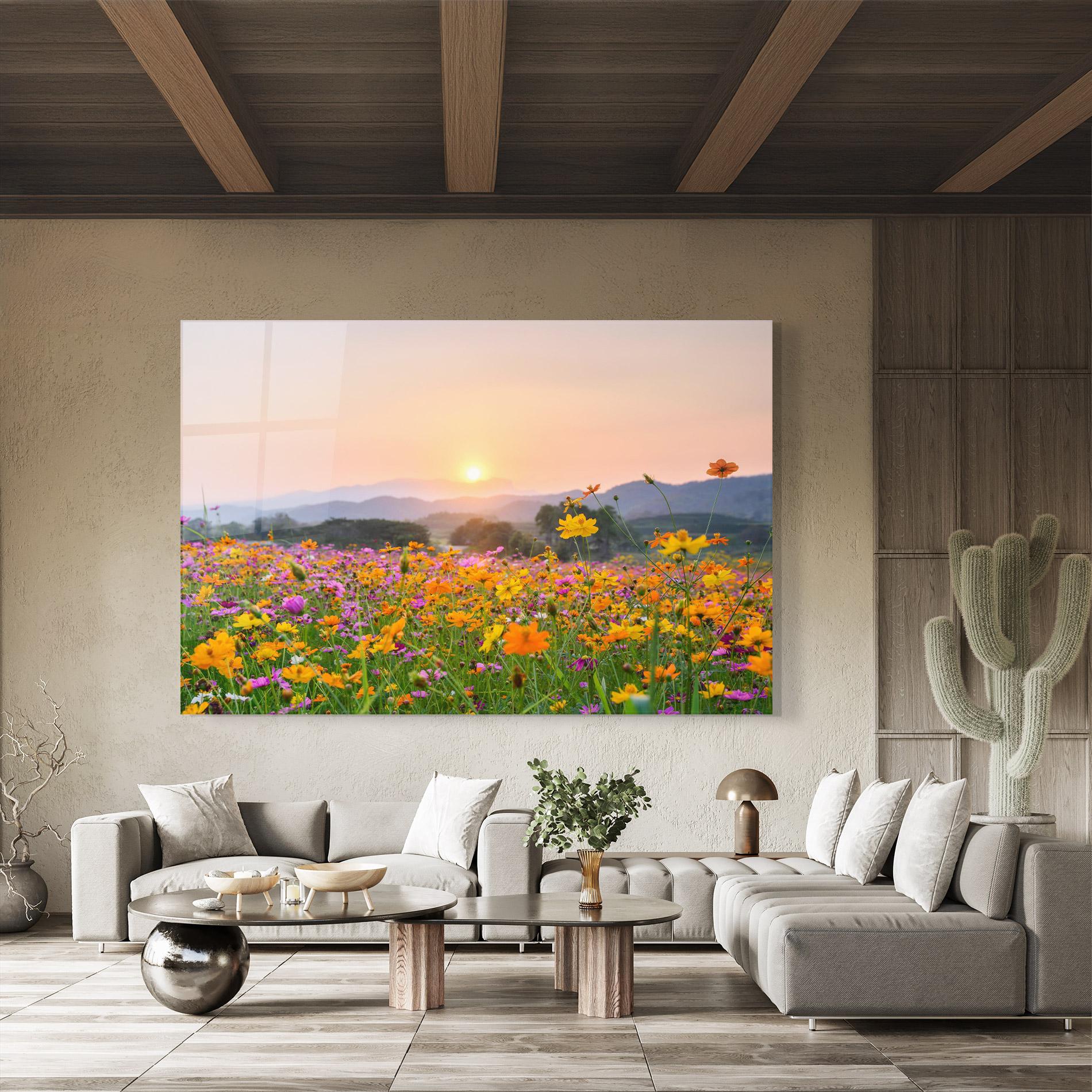 Tablou Sticla Sunset Mountain Flowerf mockup 8