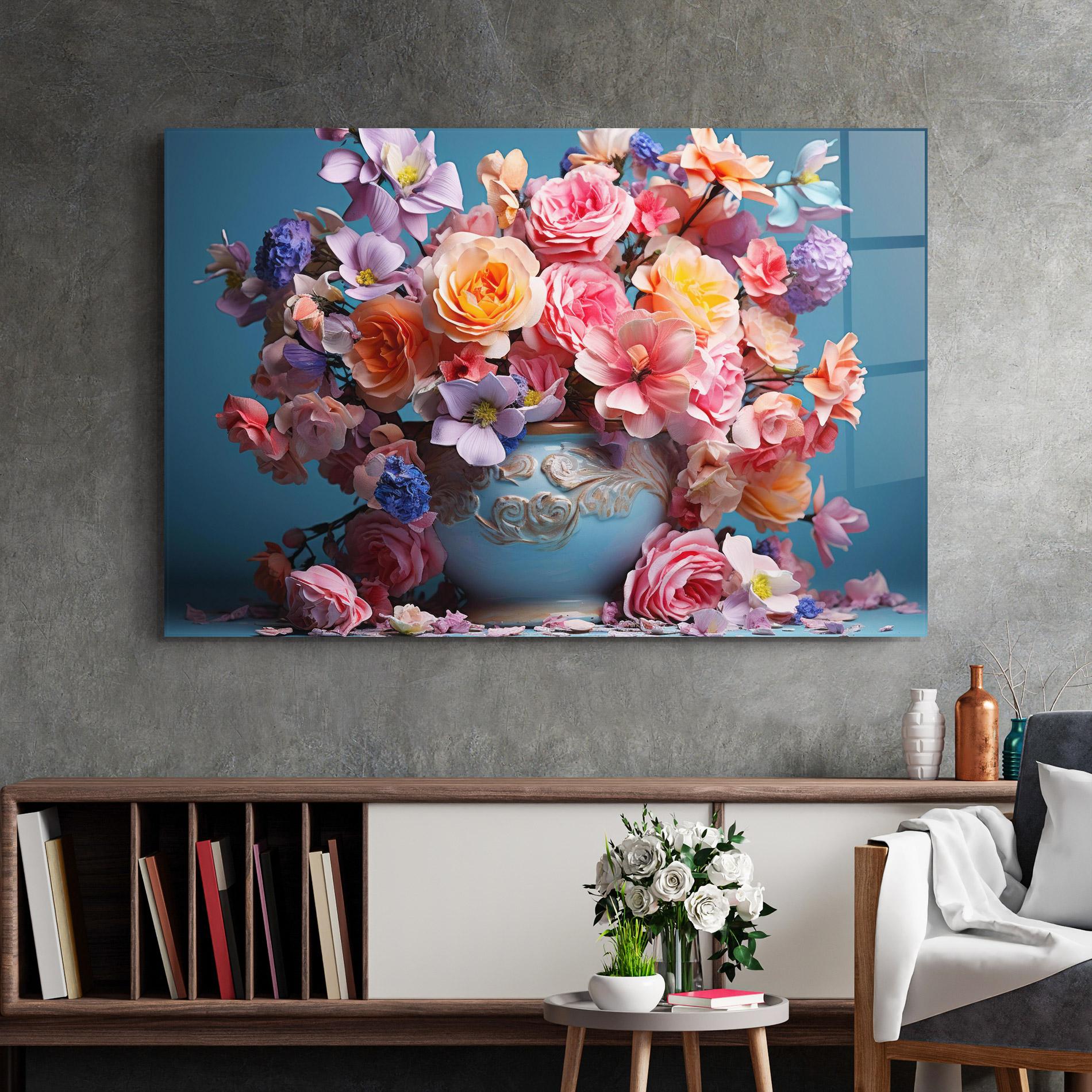 Tablou Sticla Blue Vase Flowers mockup 2