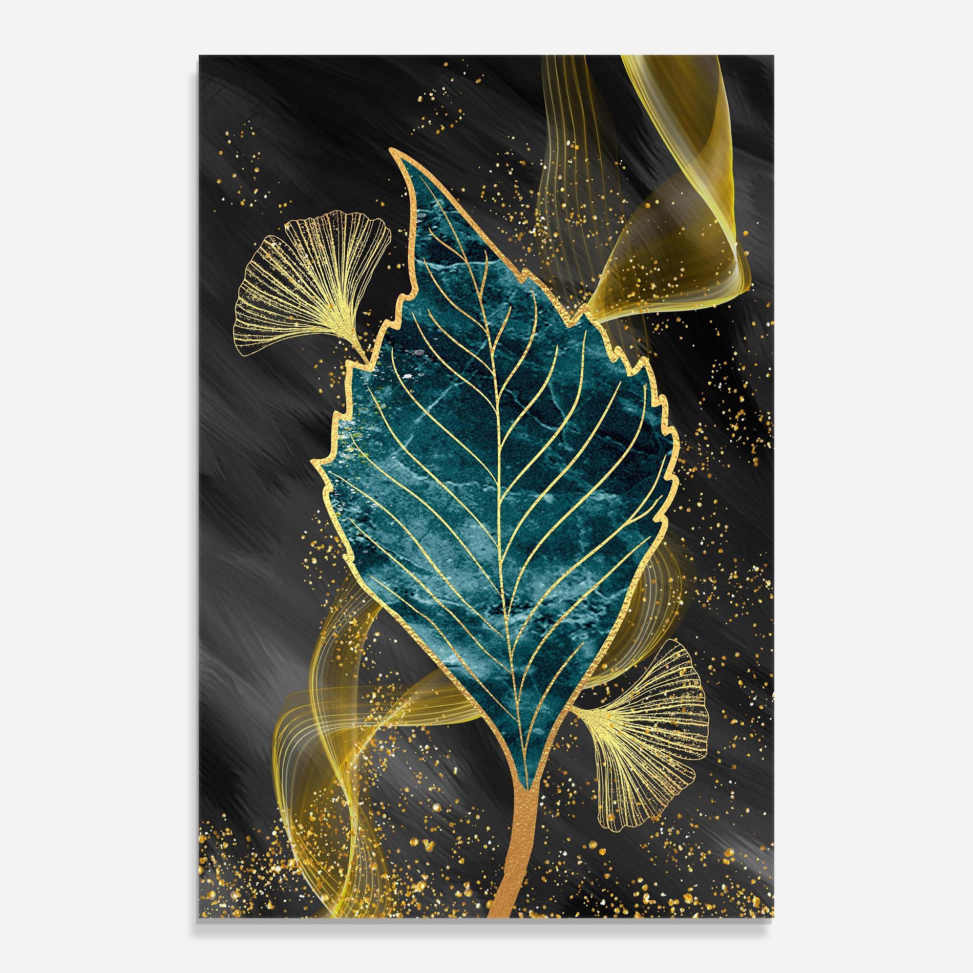 Tablou Sticla Golden Leaves Blue mockup 0