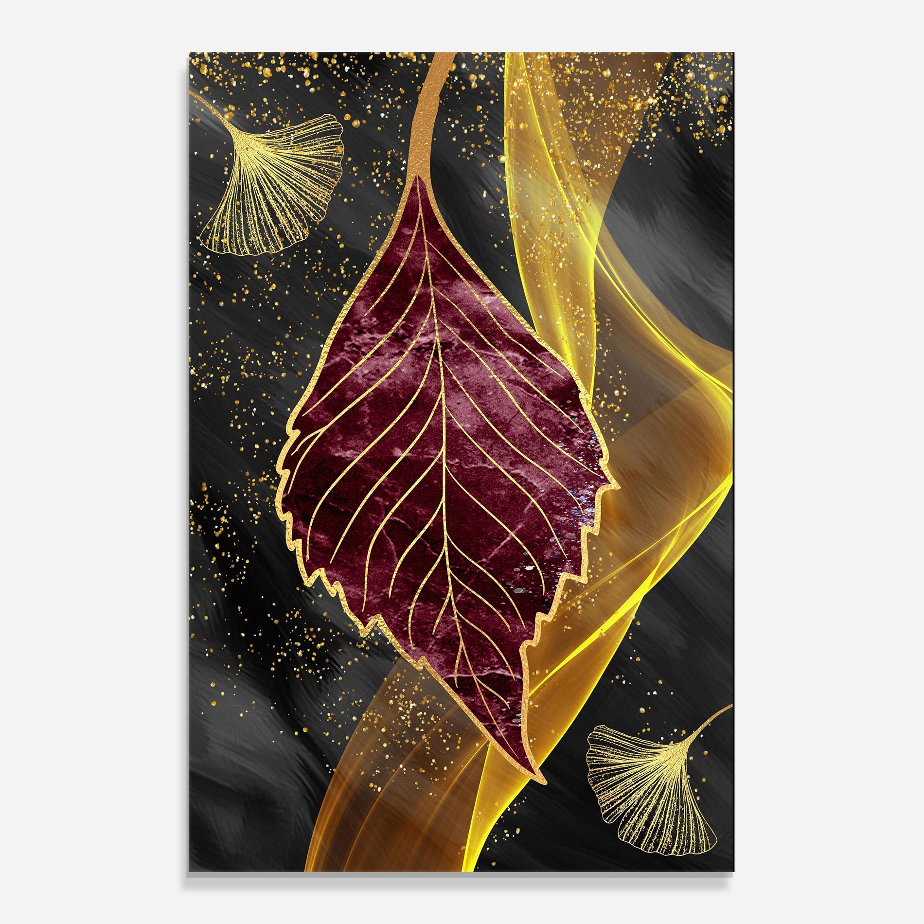 Tablou Sticla Golden Leaves Red mockup 0