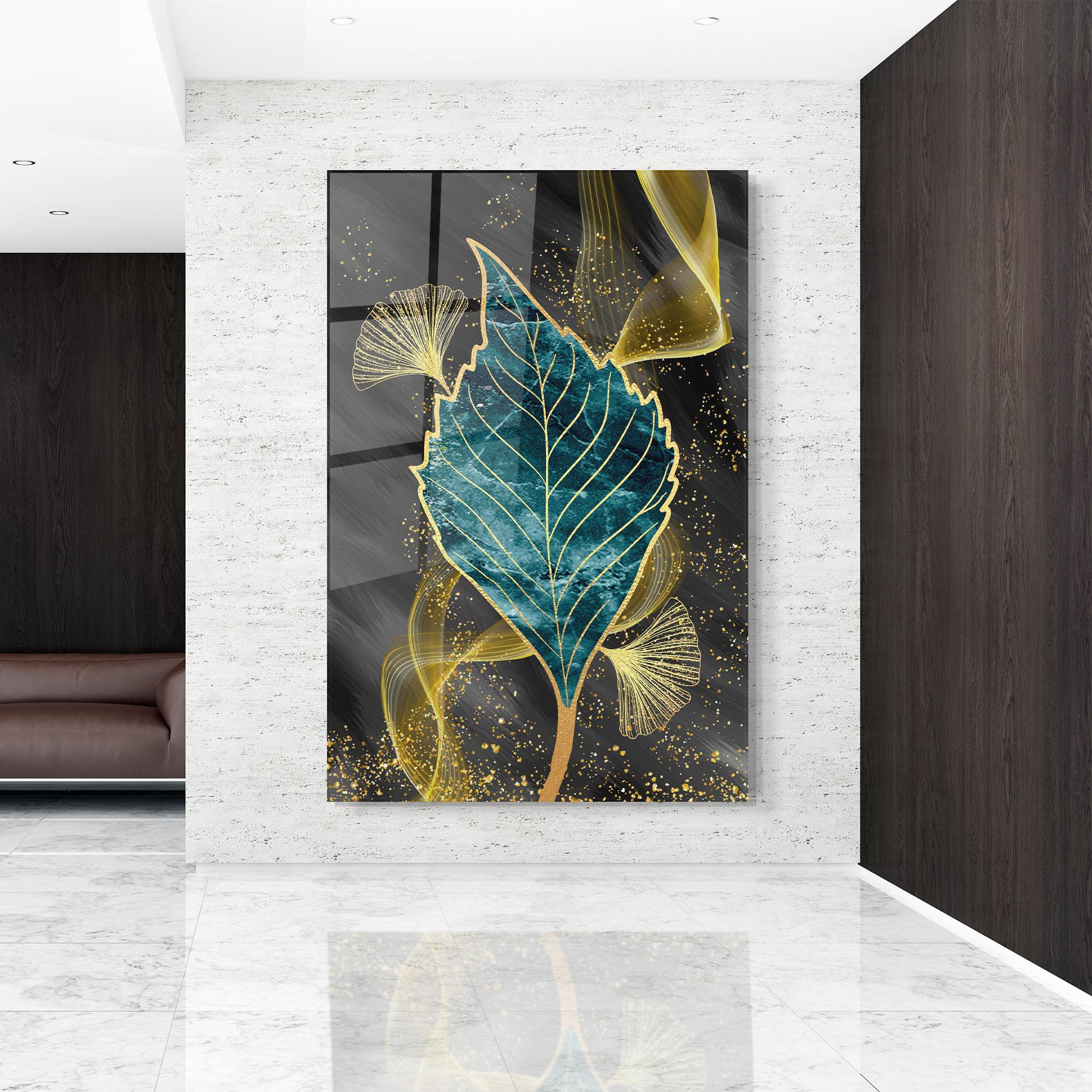 Tablou Sticla Golden Leaves Blue mockup 9