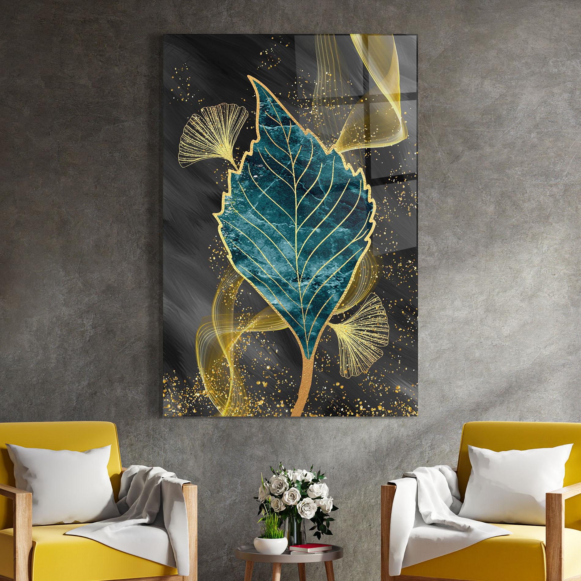 Tablou Sticla Golden Leaves Blue mockup 4