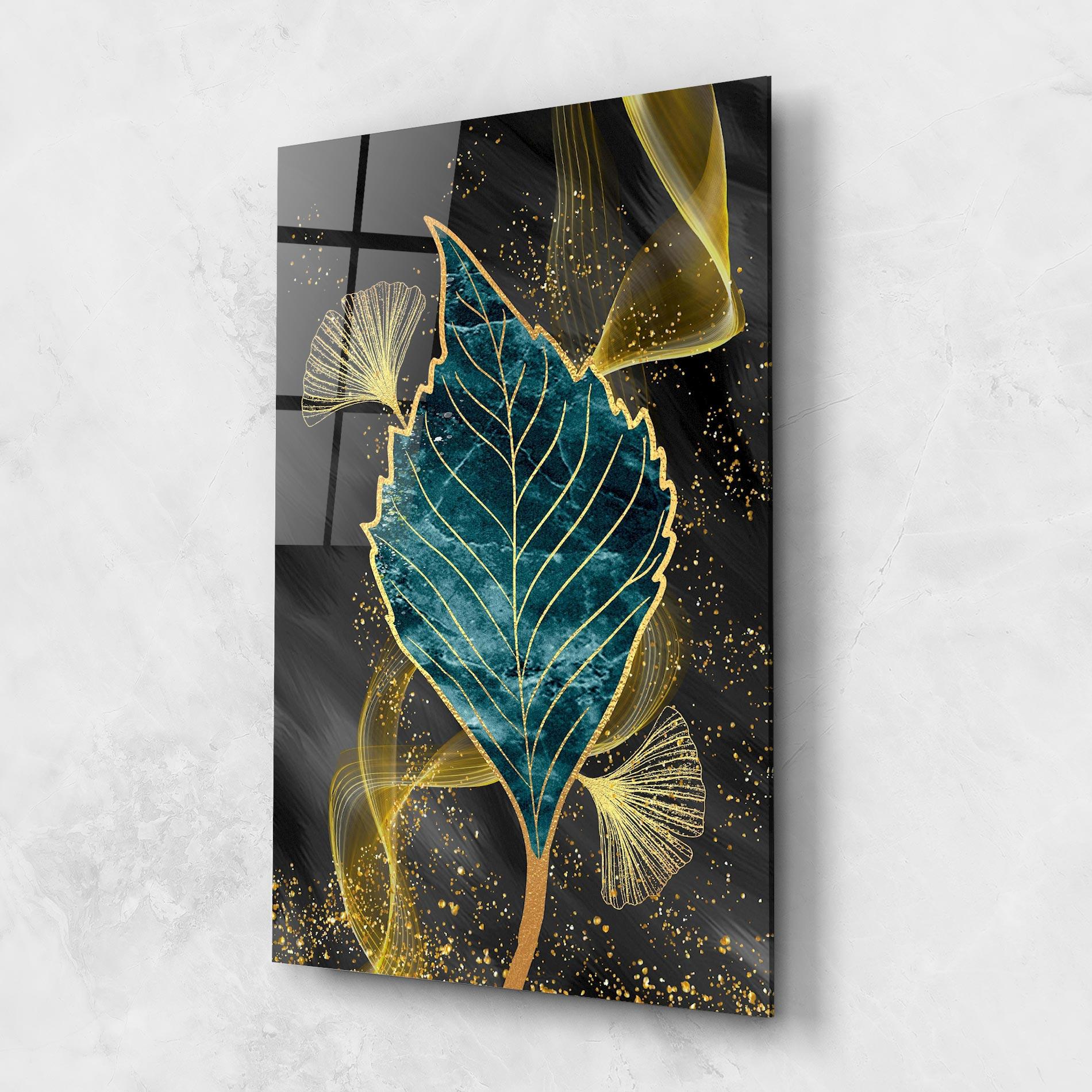Tablou Sticla Golden Leaves Blue mockup 1