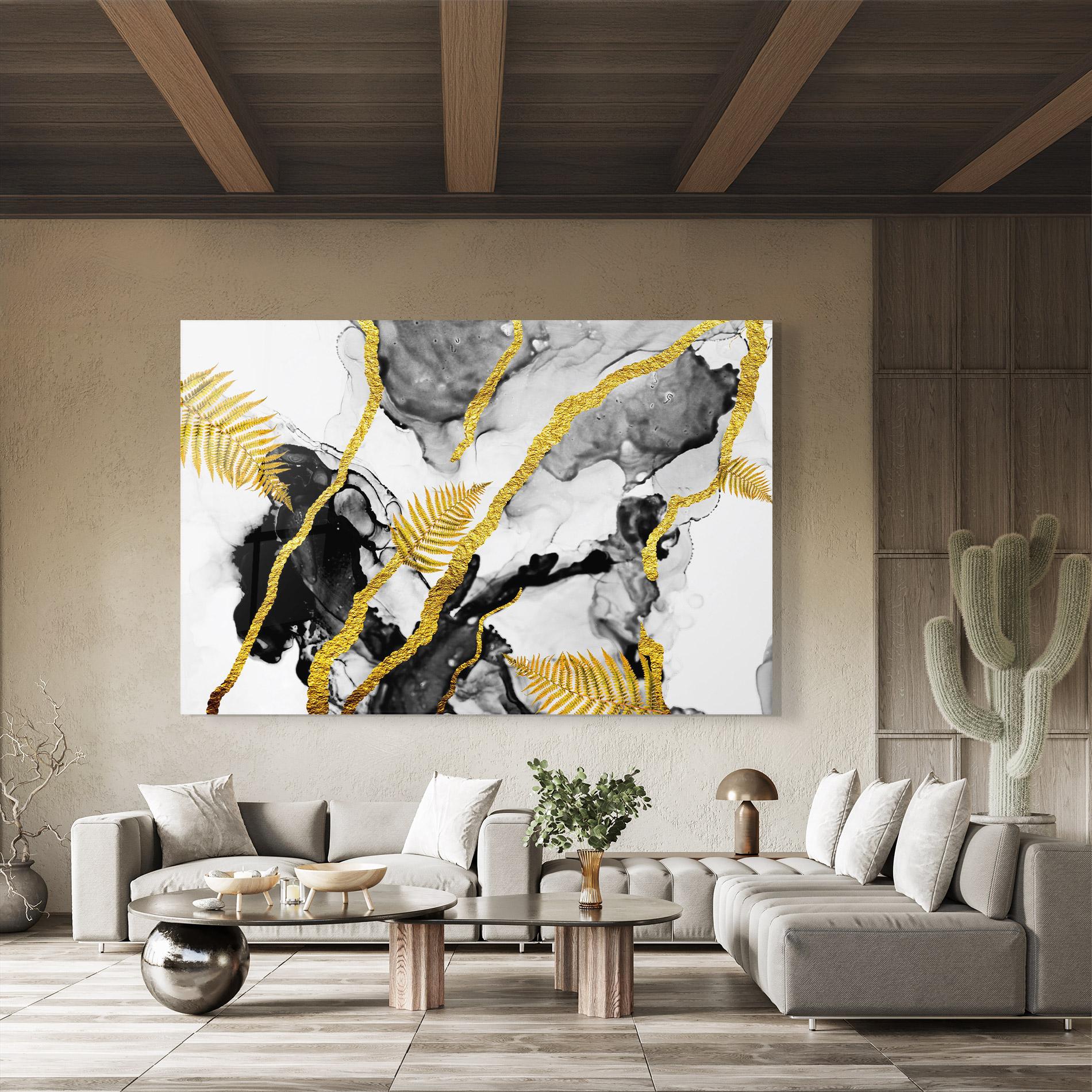 Tablou Sticla Abstract Golden Leaves mockup 8