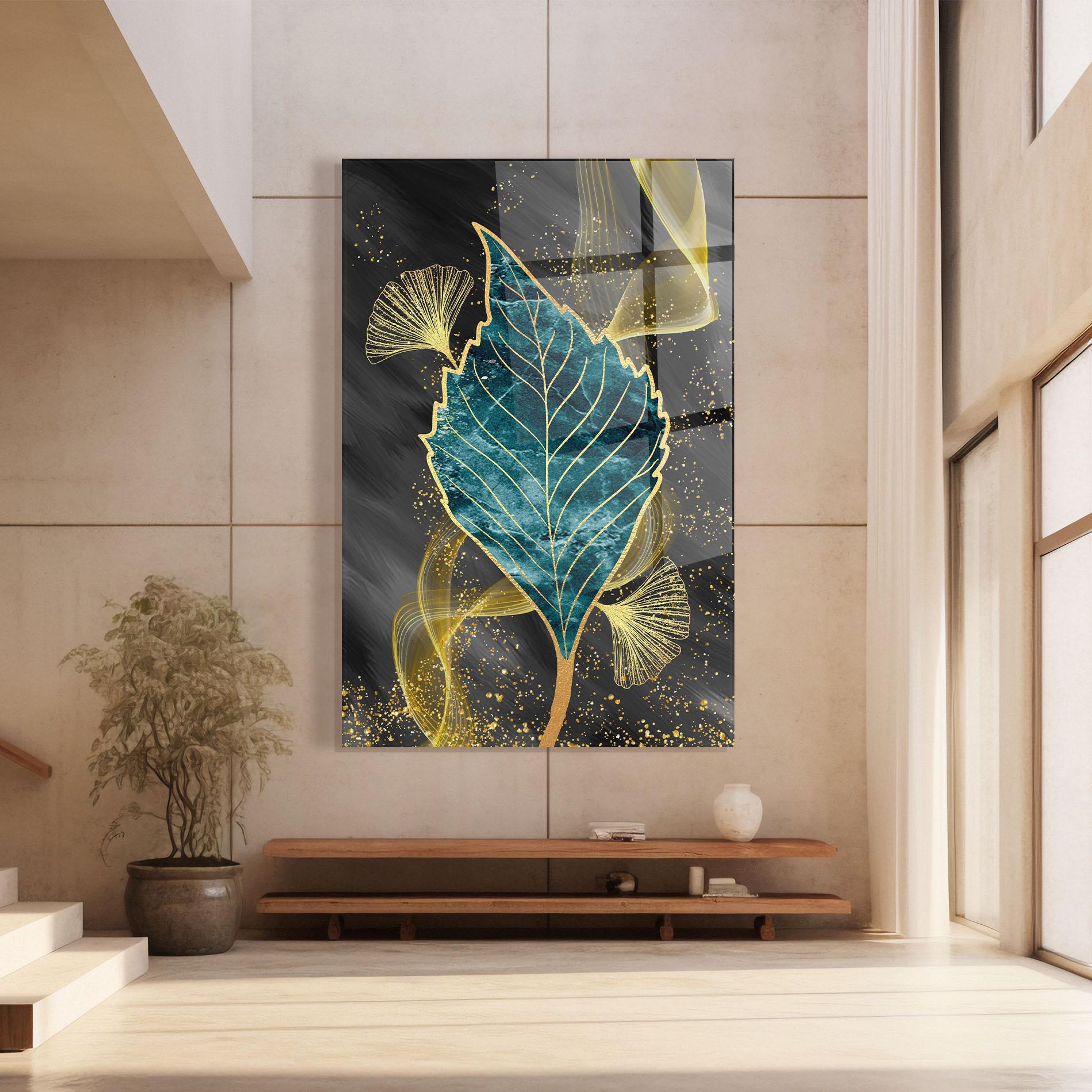 Tablou Sticla Golden Leaves Blue mockup 8