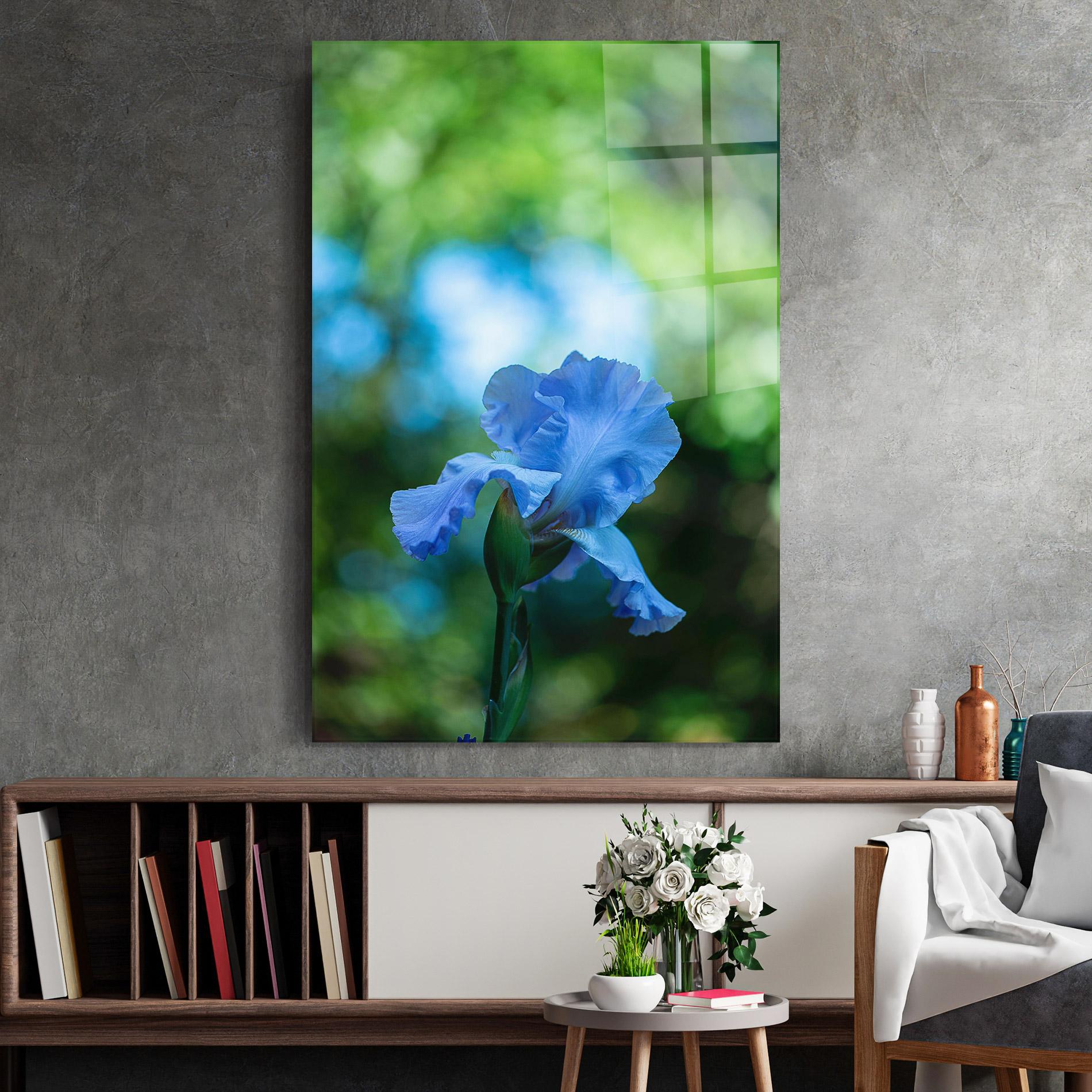 Tablou Sticla Blue Iris In The Garden mockup 2