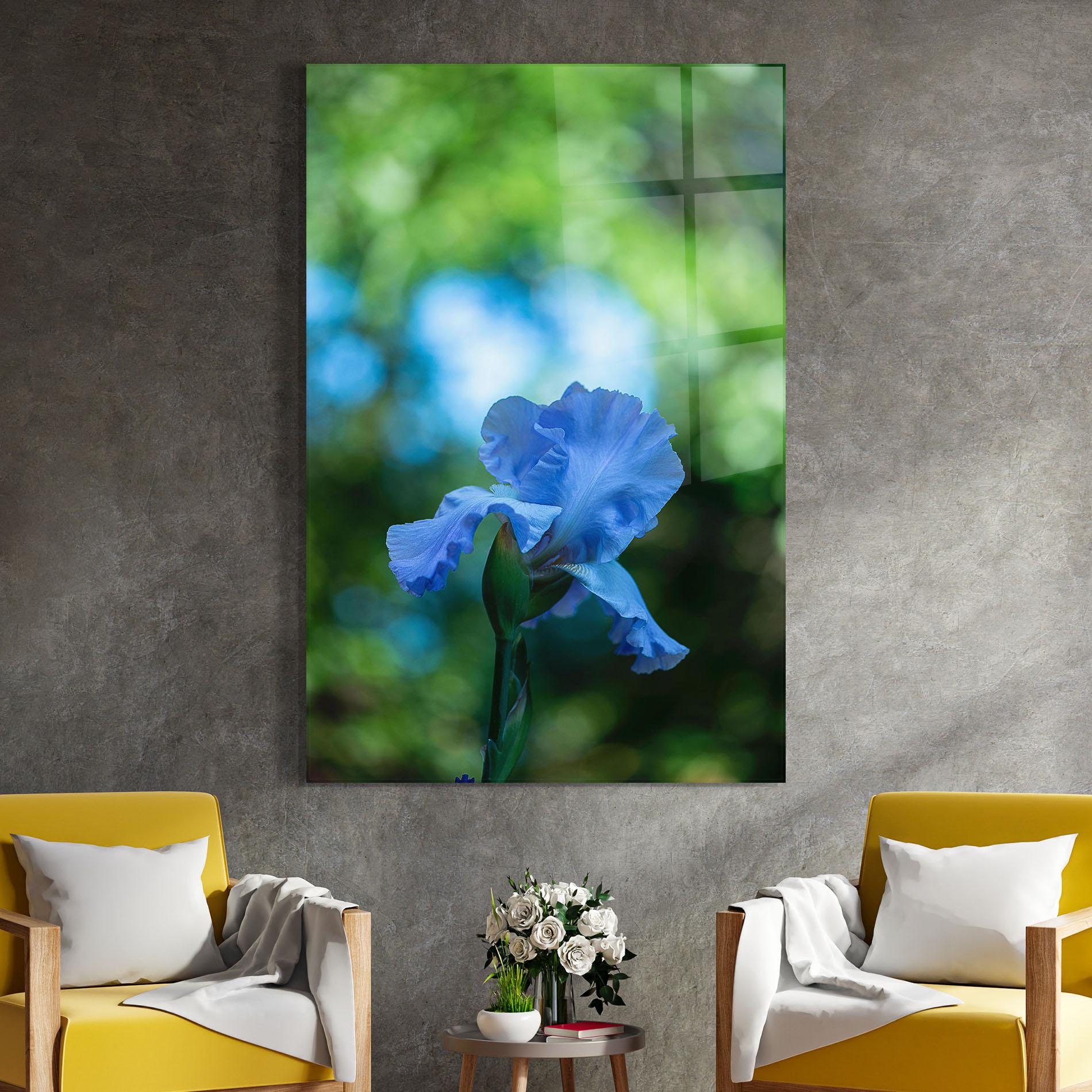 Tablou Sticla Blue Iris In The Garden mockup 4