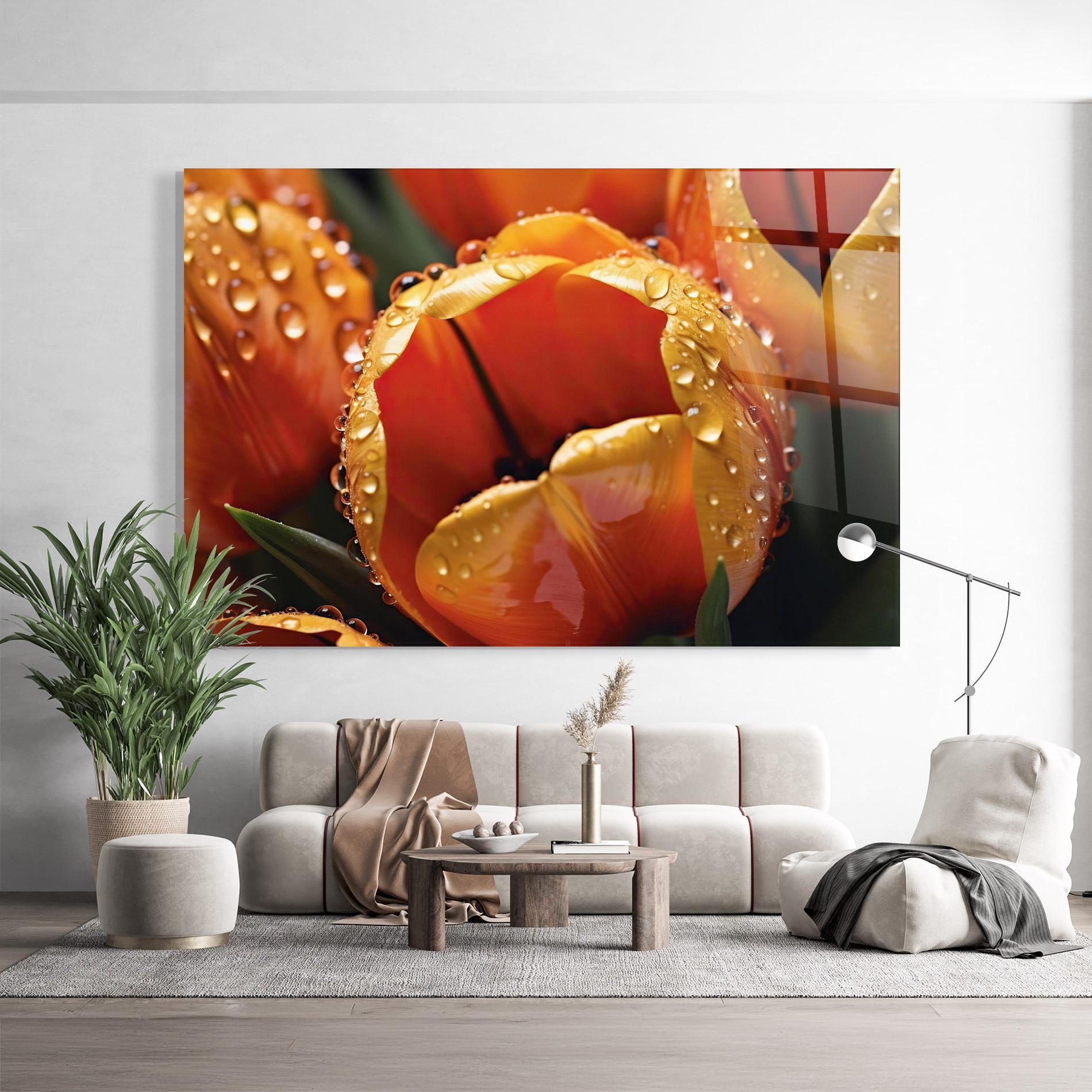 Tablou Sticla Orange Tulip Water Drops mockup 9