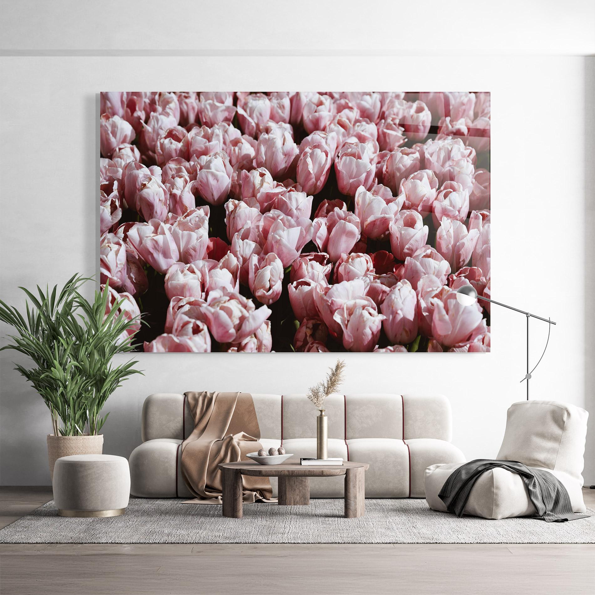 Tablou Sticla Pastel Pink Tulips Wall mockup 9