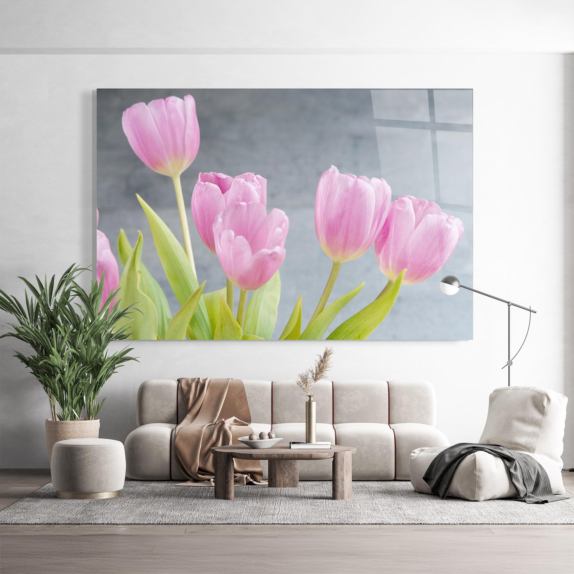 Tablou Sticla Pink Pastel Tulip On Grey mockup 9