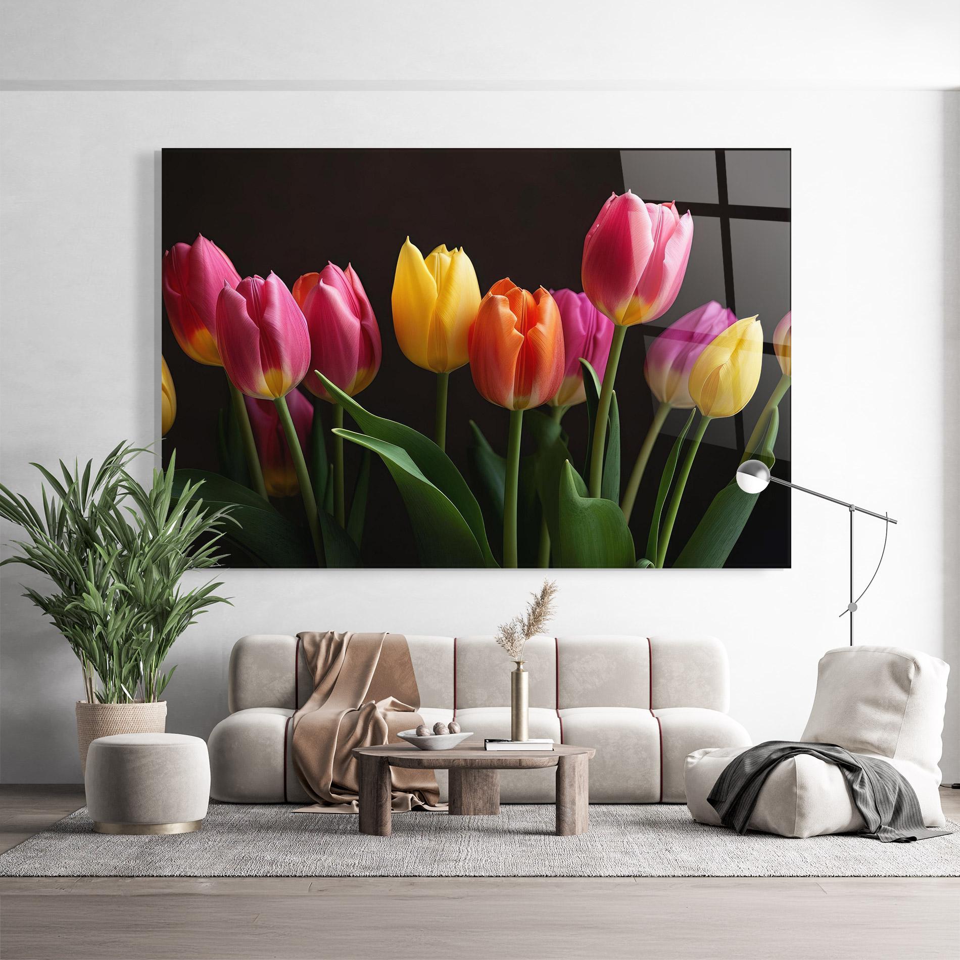 Tablou Sticla Purple Yellow Tulips mockup 9