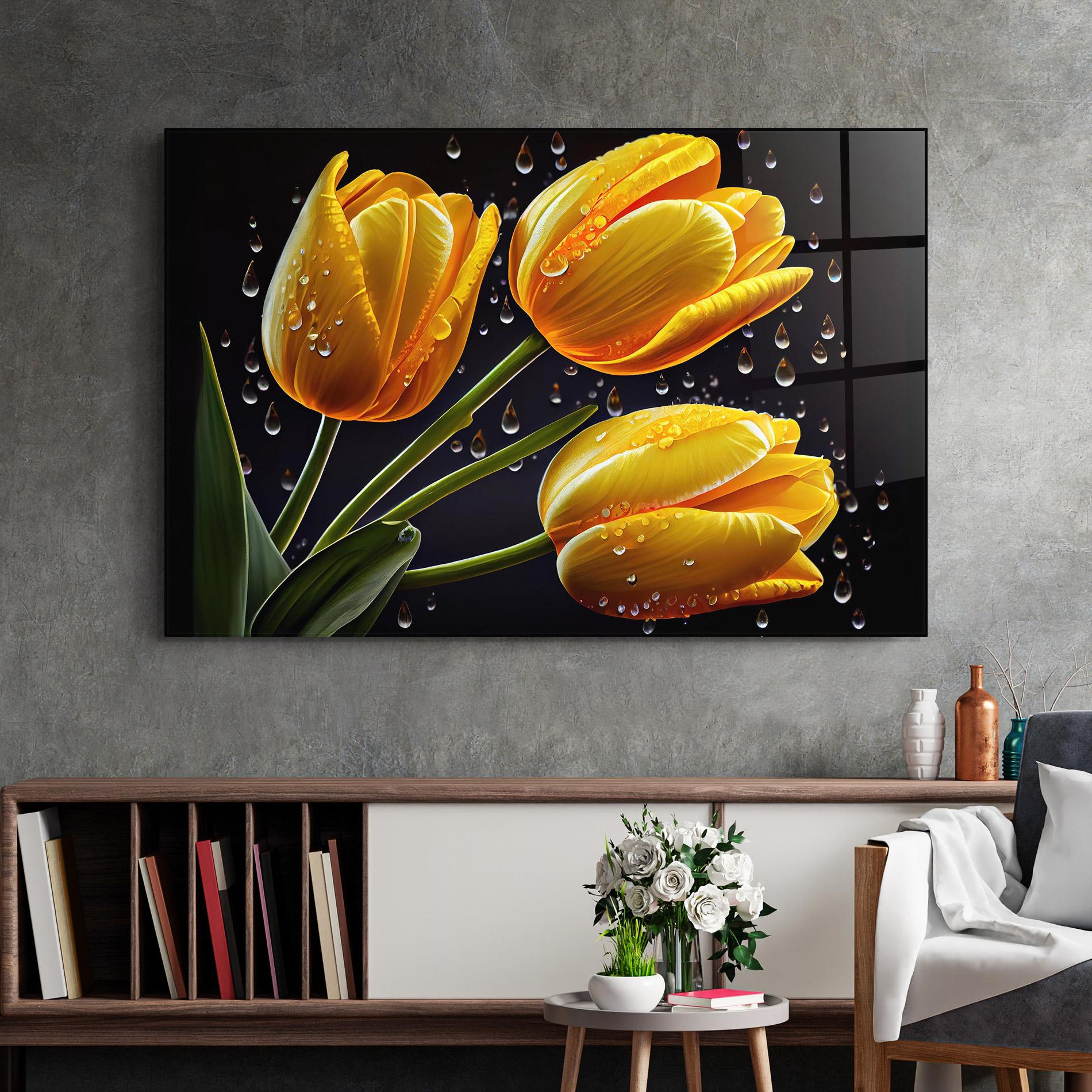 Tablou Sticla 3 Yellow Tulips mockup 2