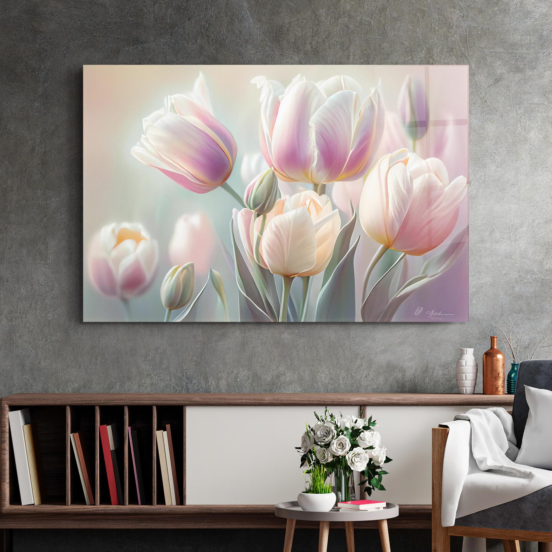 Tablou Sticla Dreamy White Tulips mockup 2