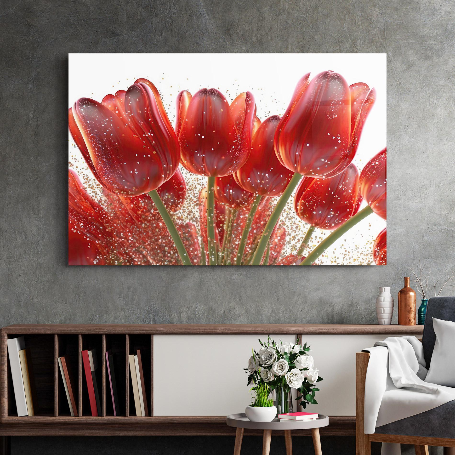 Tablou Sticla Glitter Red Tulips mockup 2