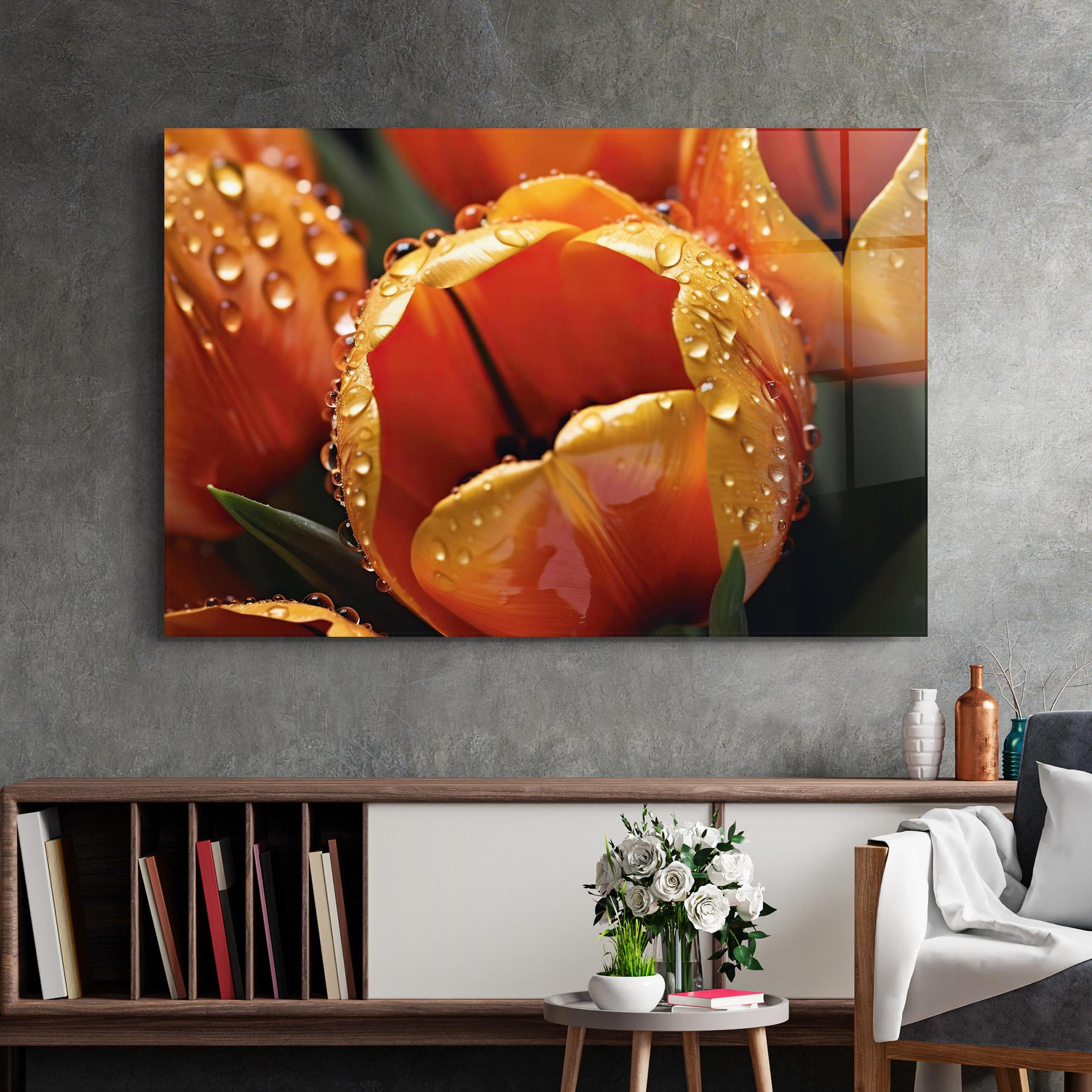 Tablou Sticla Orange Tulip Water Drops mockup 2