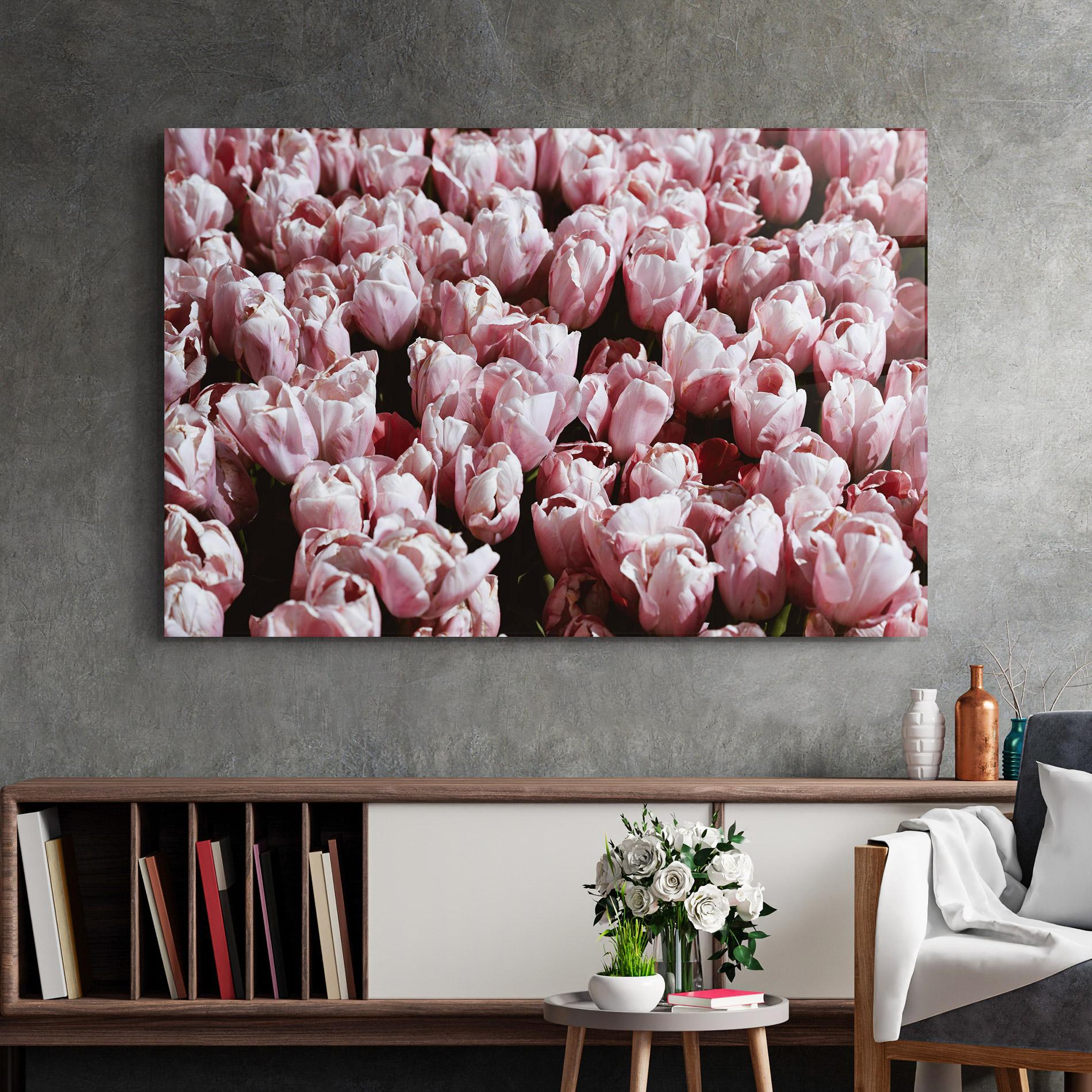 Tablou Sticla Pastel Pink Tulips Wall mockup 2
