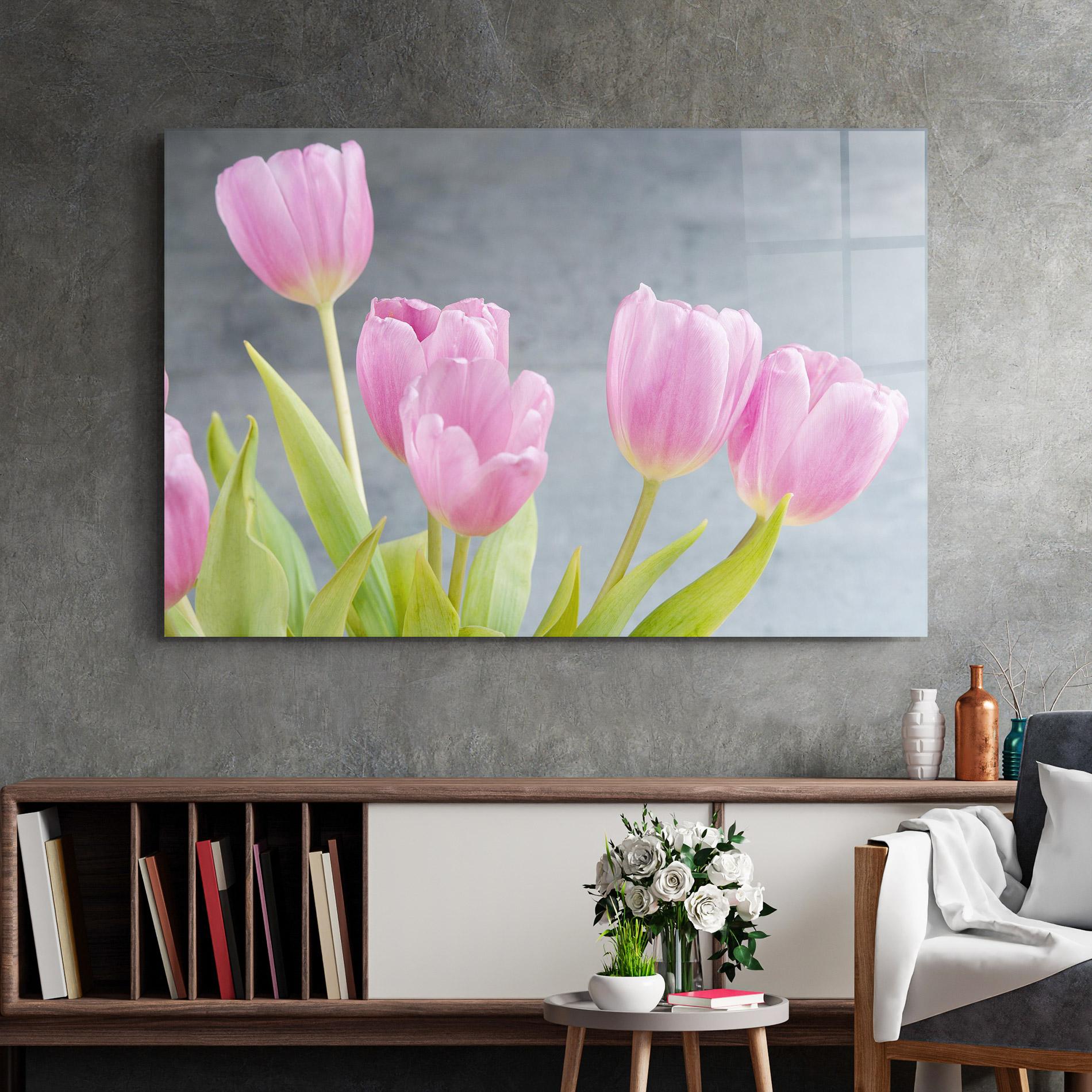 Tablou Sticla Pink Pastel Tulip On Grey mockup 2
