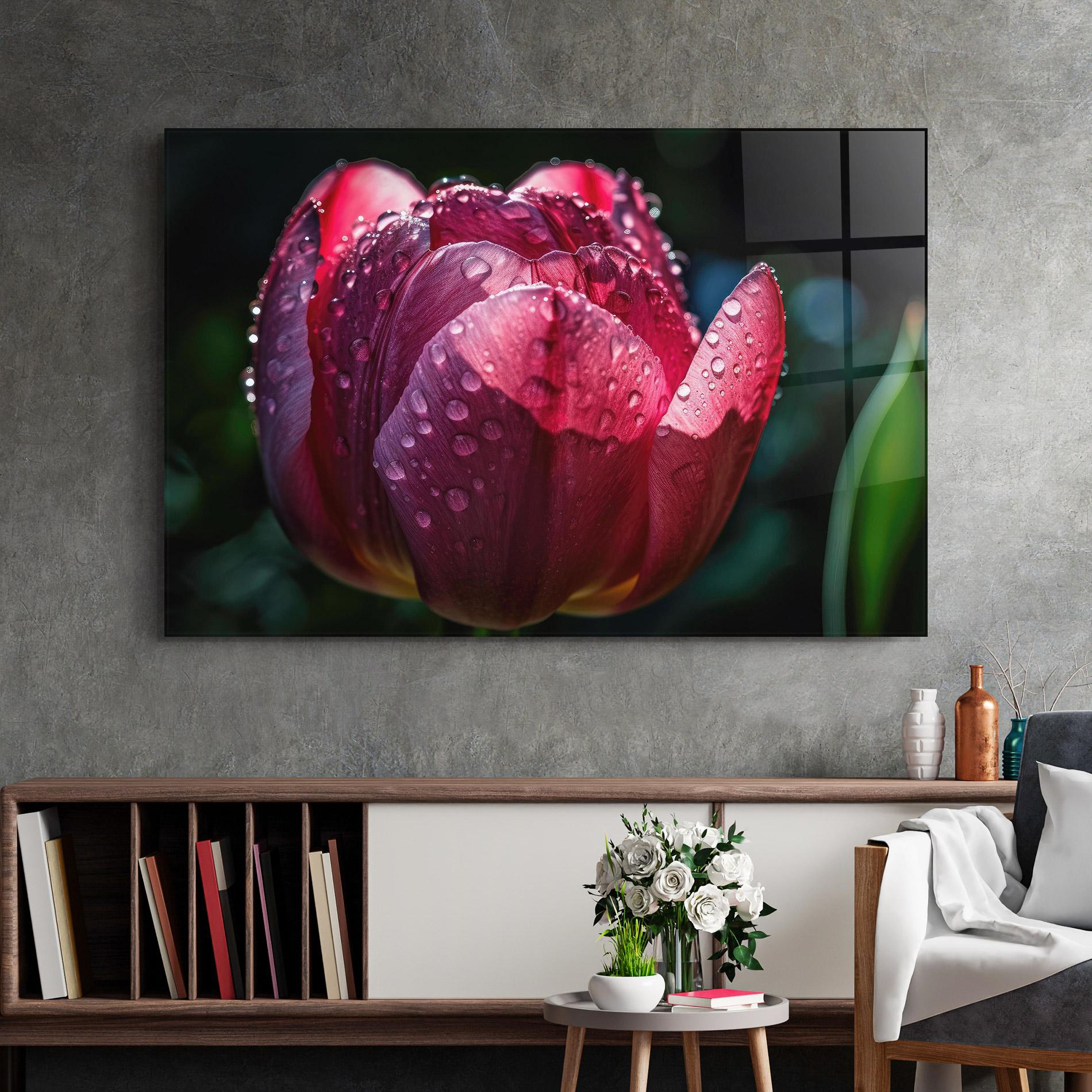 Tablou Sticla Pink Tulip After Rain mockup 2