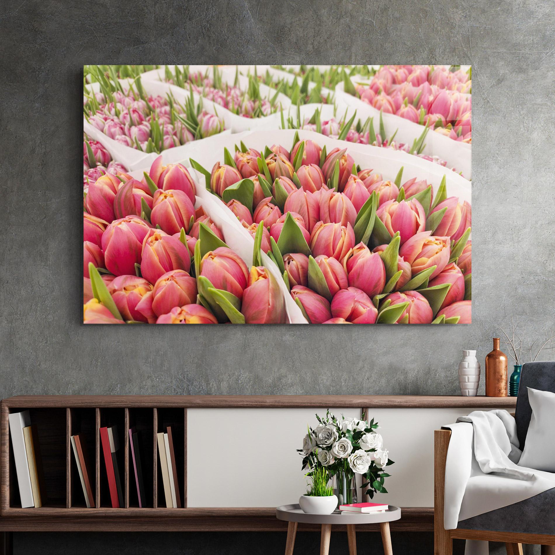 Tablou Sticla Pretty Pink Tulips Bouquet mockup 2