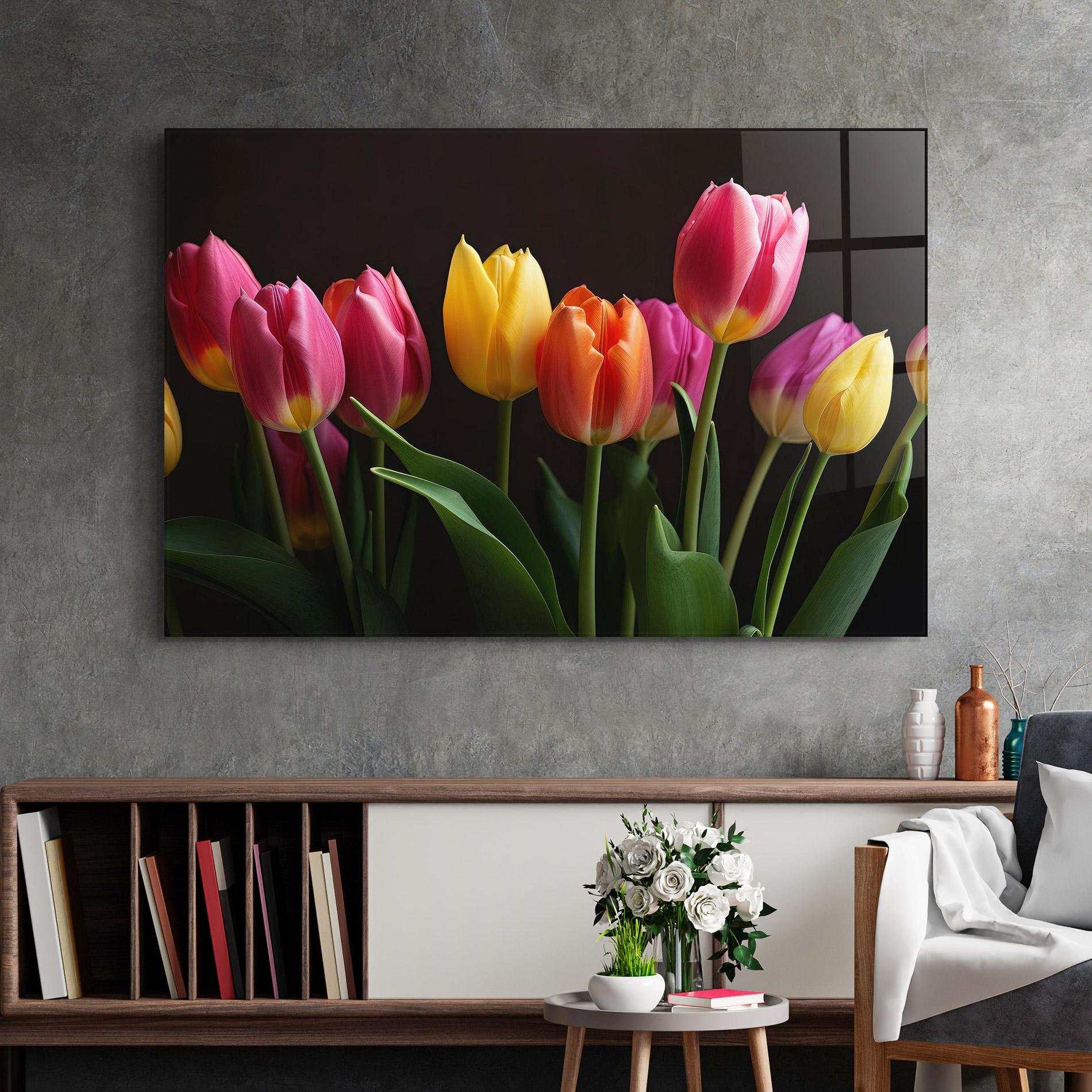 Tablou Sticla Purple Yellow Tulips mockup 2