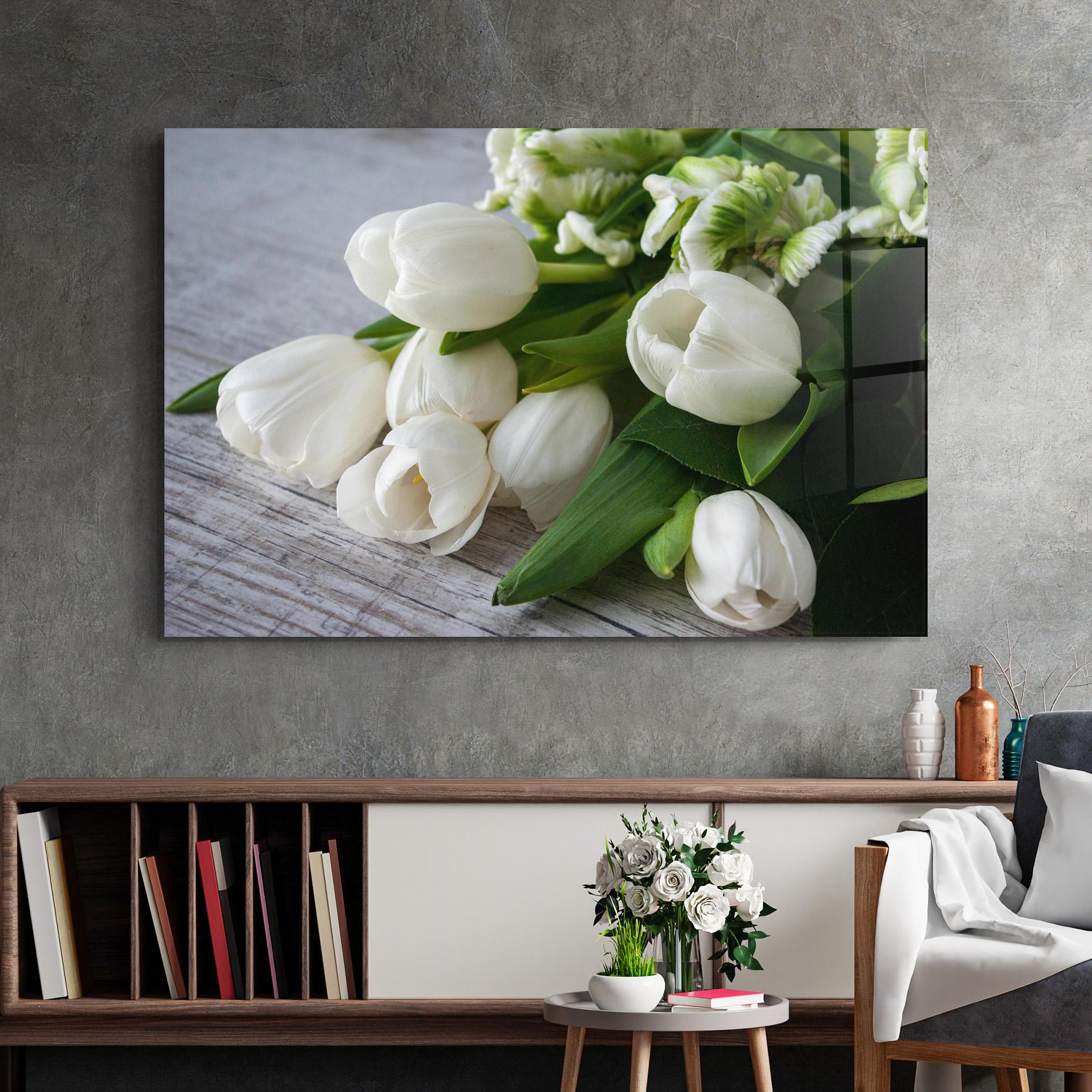 Tablou Sticla White Tulips Bouquet mockup 2