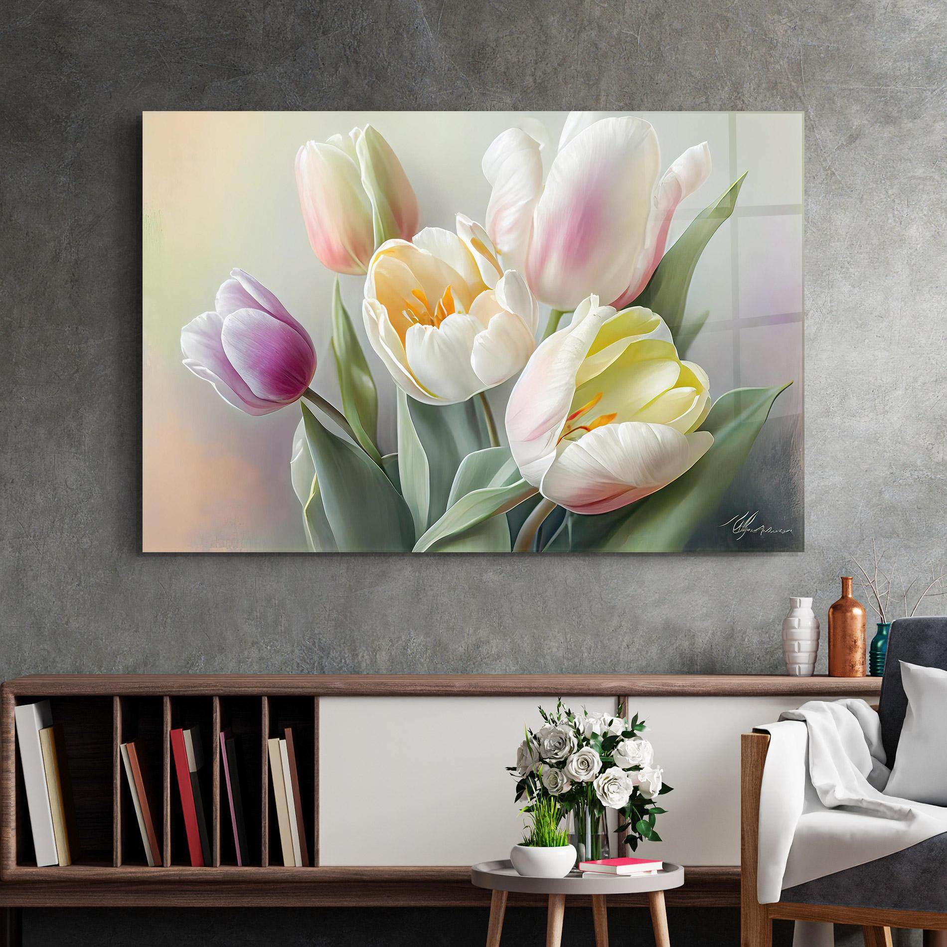 Tablou Sticla White Tulips Painting mockup 2