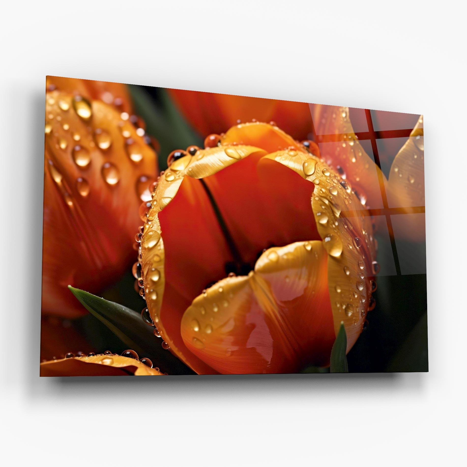 Tablou Sticla Orange Tulip Water Drops mockup 6